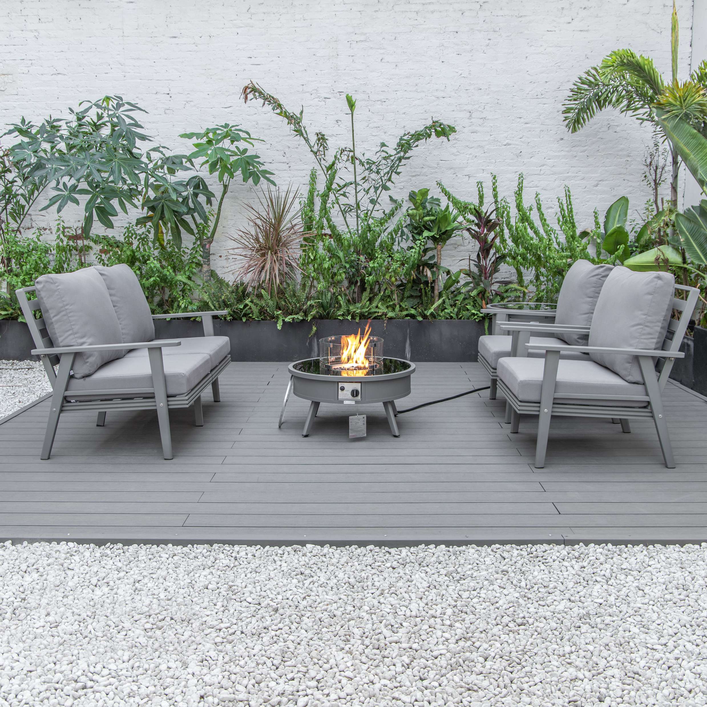 LeisureMod Walbrooke Modern Grey Patio Conversation With Round Fire Pit & Tank Holder - Image 34
