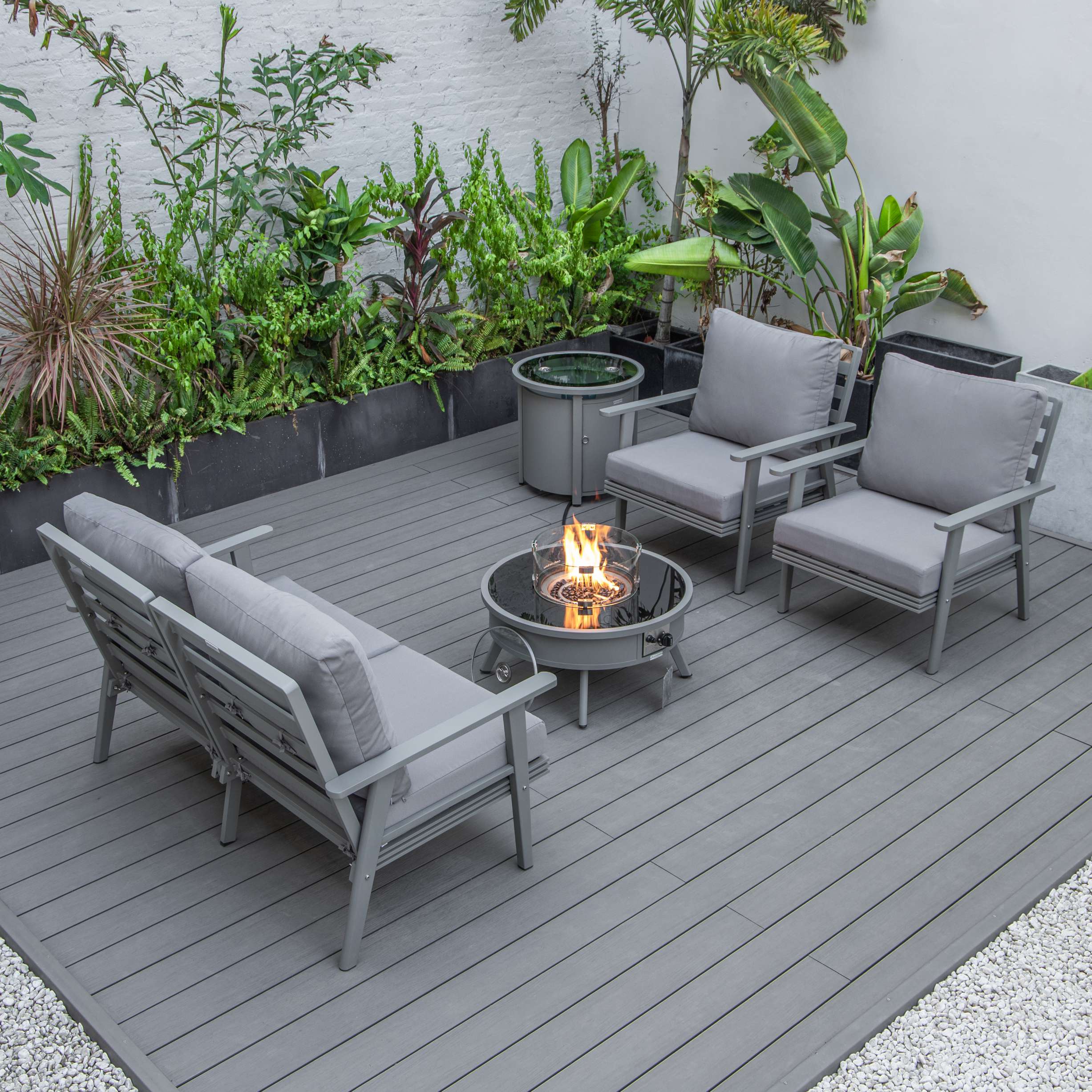 LeisureMod Walbrooke Modern Grey Patio Conversation With Round Fire Pit & Tank Holder - Image 35