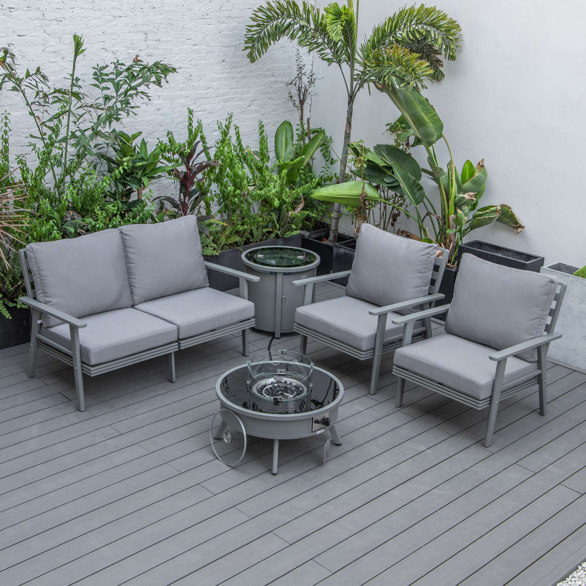 LeisureMod Walbrooke Modern Grey Patio Conversation With Round Fire Pit & Tank Holder - Image 36