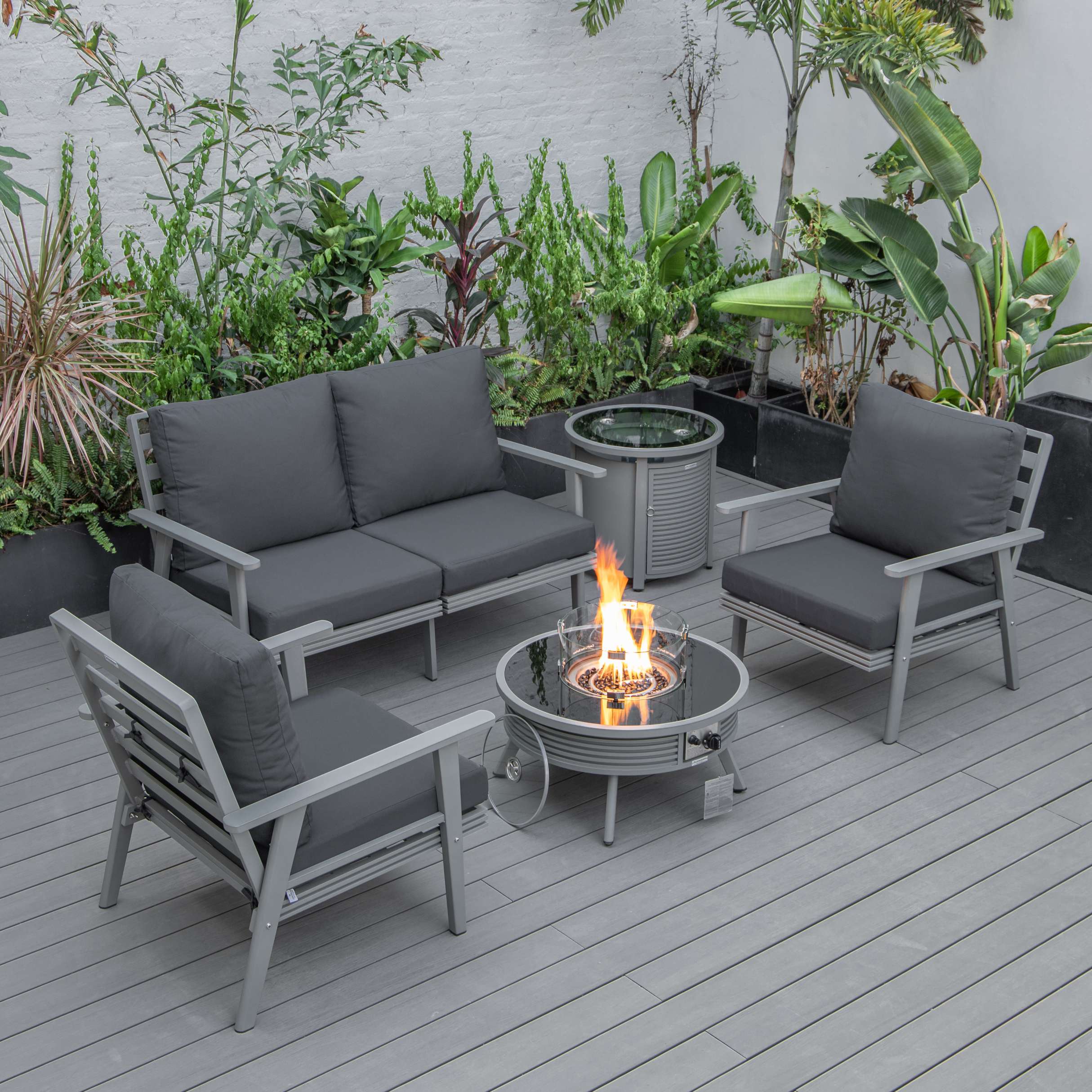 LeisureMod Walbrooke Modern Grey Patio Conversation With Round Fire Pit & Tank Holder - Image 37