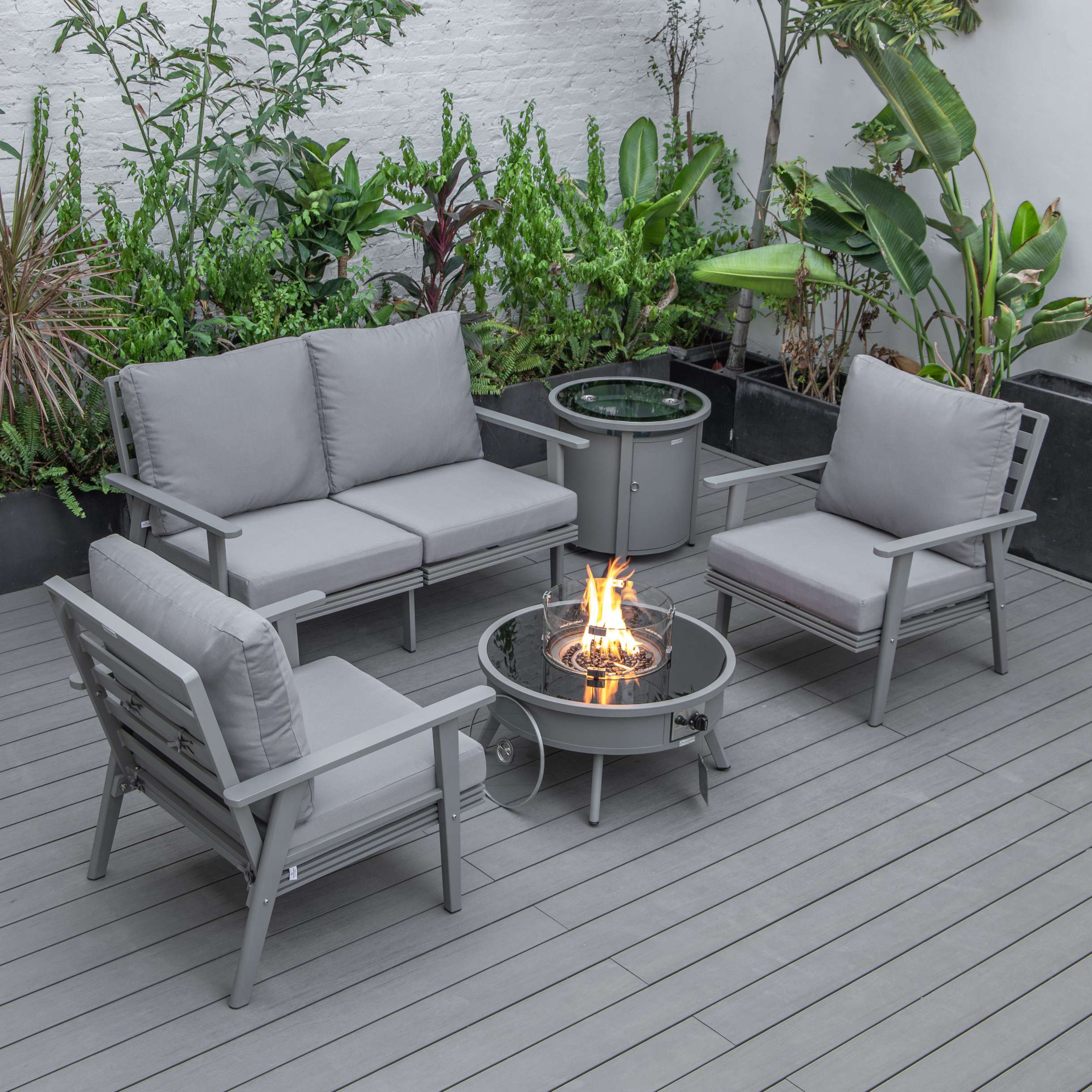 LeisureMod Walbrooke Modern Grey Patio Conversation With Round Fire Pit & Tank Holder - Image 38