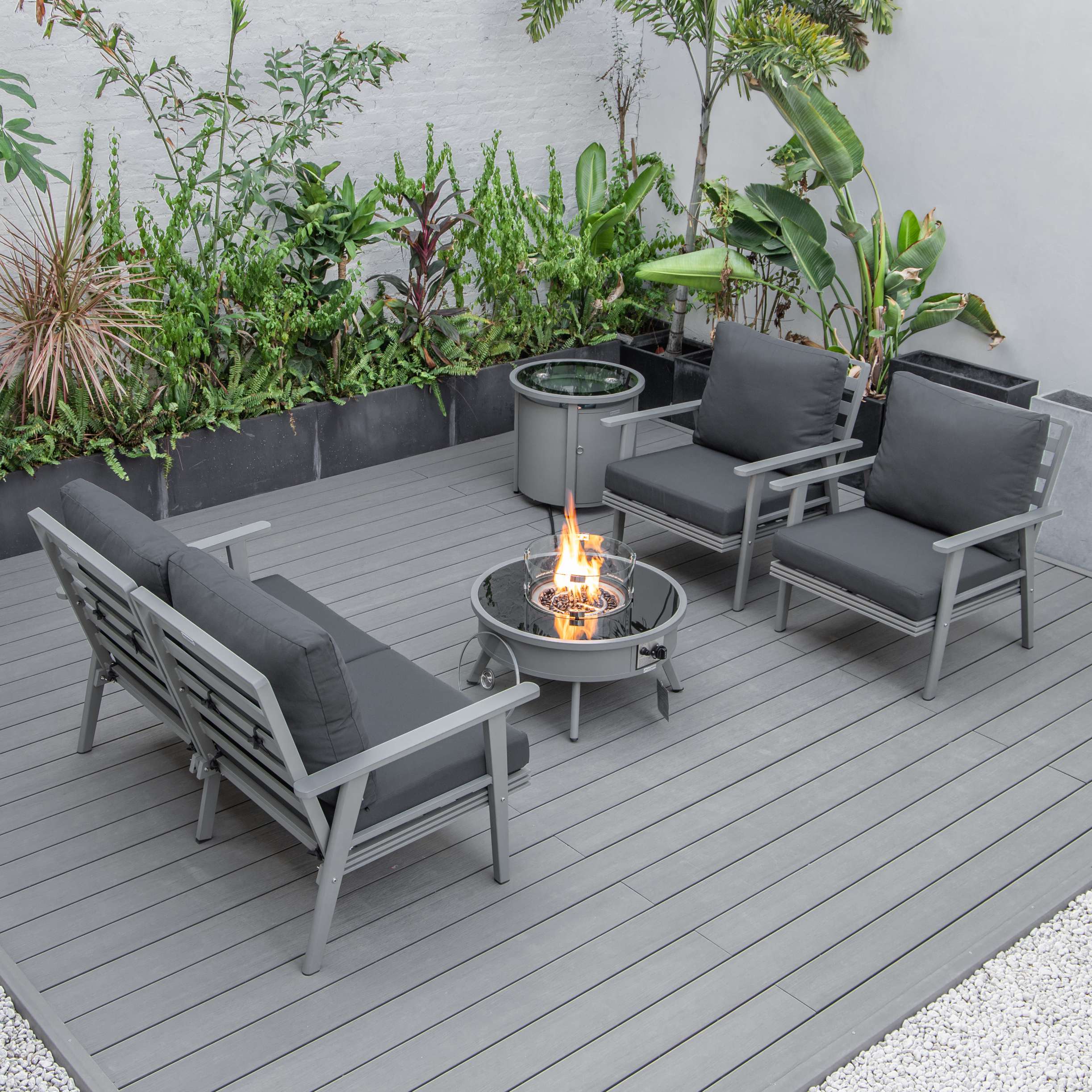LeisureMod Walbrooke Modern Grey Patio Conversation With Round Fire Pit & Tank Holder - Image 39