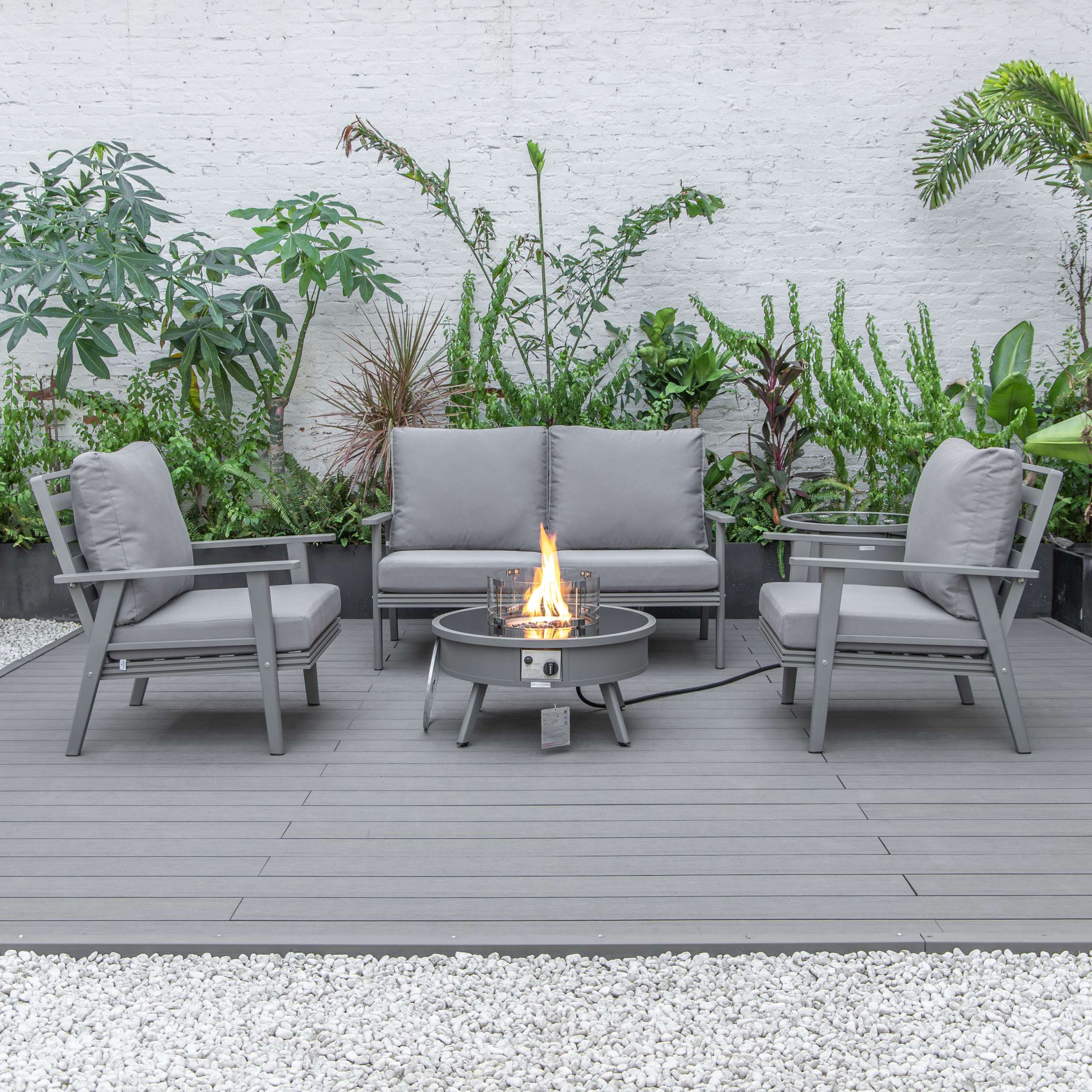 LeisureMod Walbrooke Modern Grey Patio Conversation With Round Fire Pit & Tank Holder - Image 40