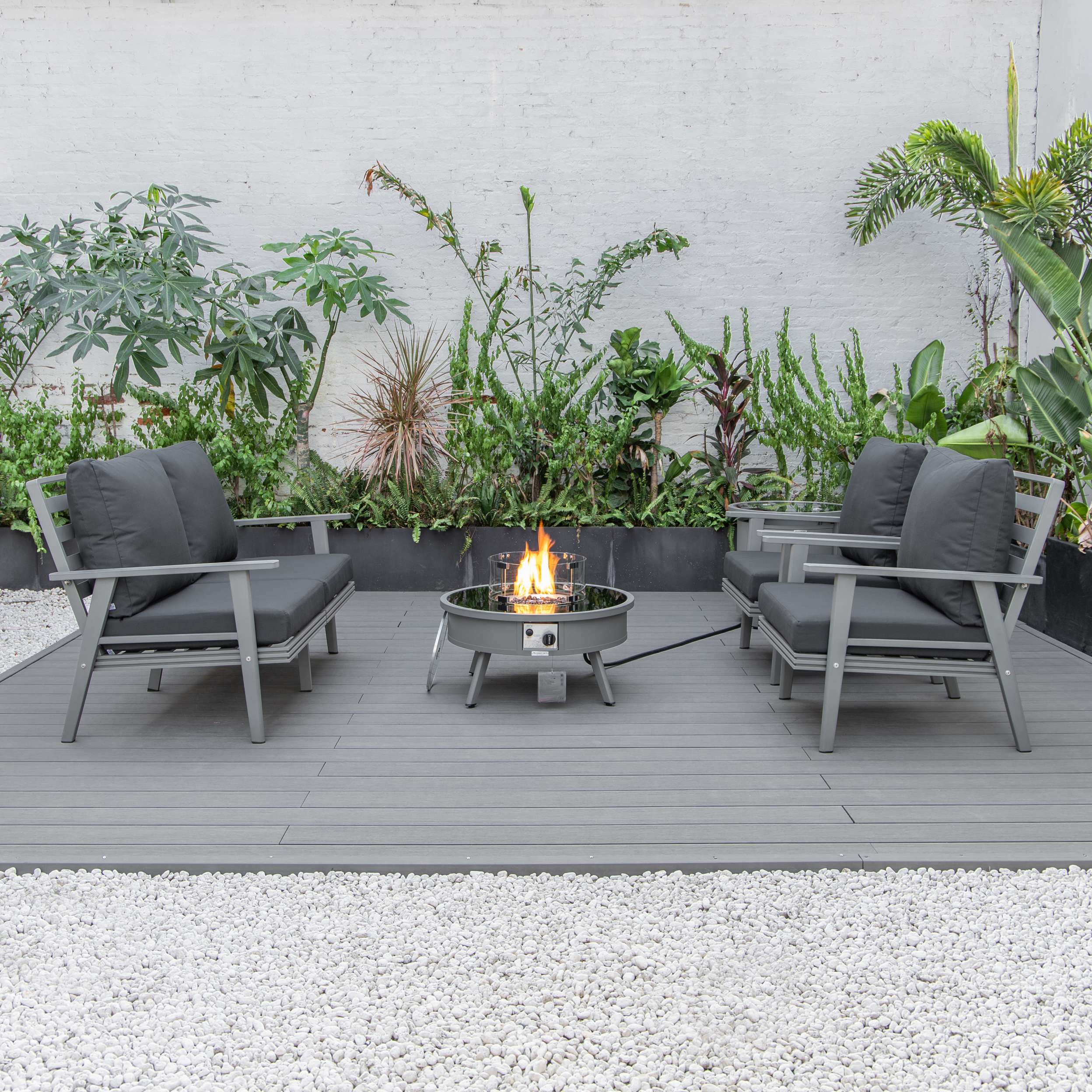 LeisureMod Walbrooke Modern Grey Patio Conversation With Round Fire Pit & Tank Holder - Image 41