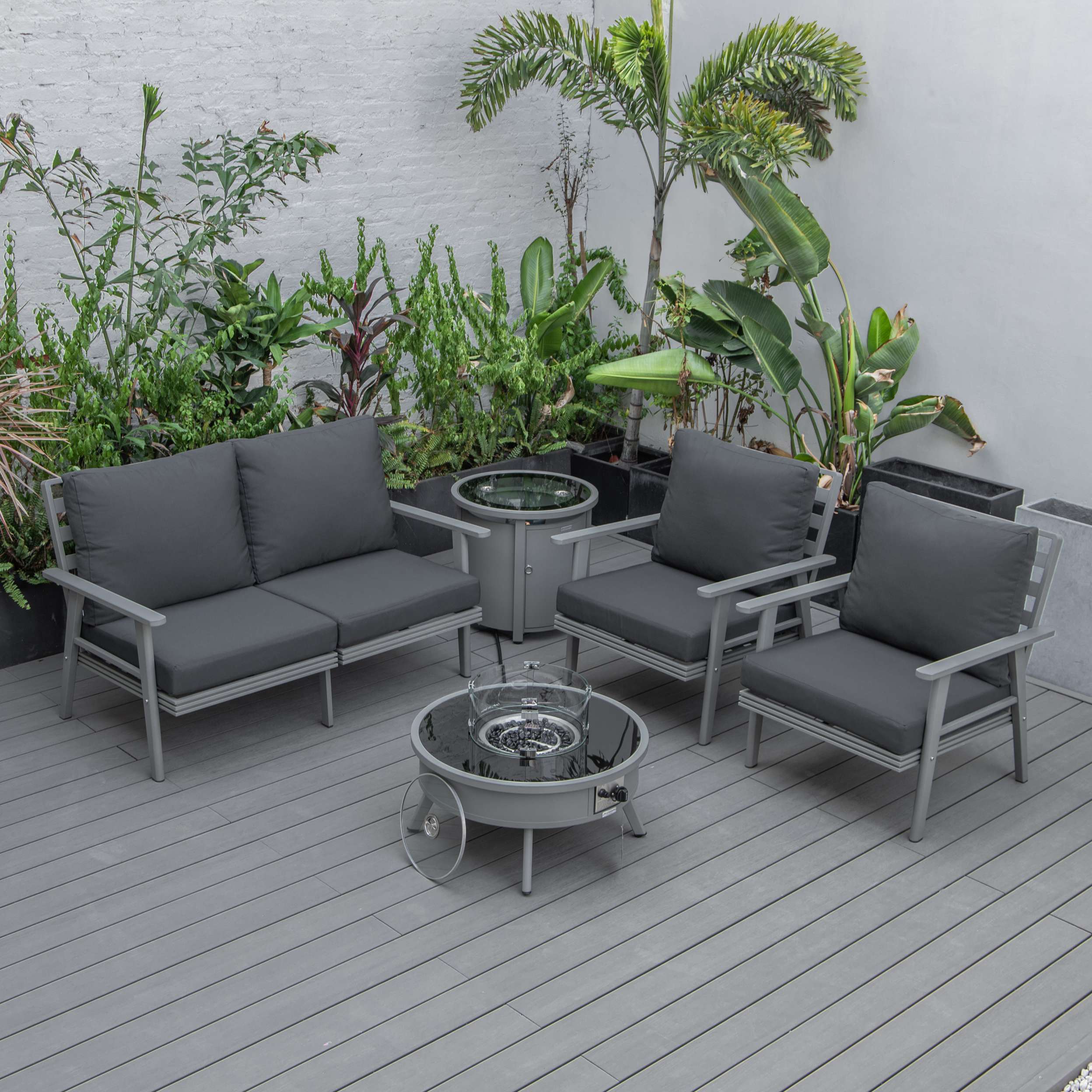 LeisureMod Walbrooke Modern Grey Patio Conversation With Round Fire Pit & Tank Holder - Image 42
