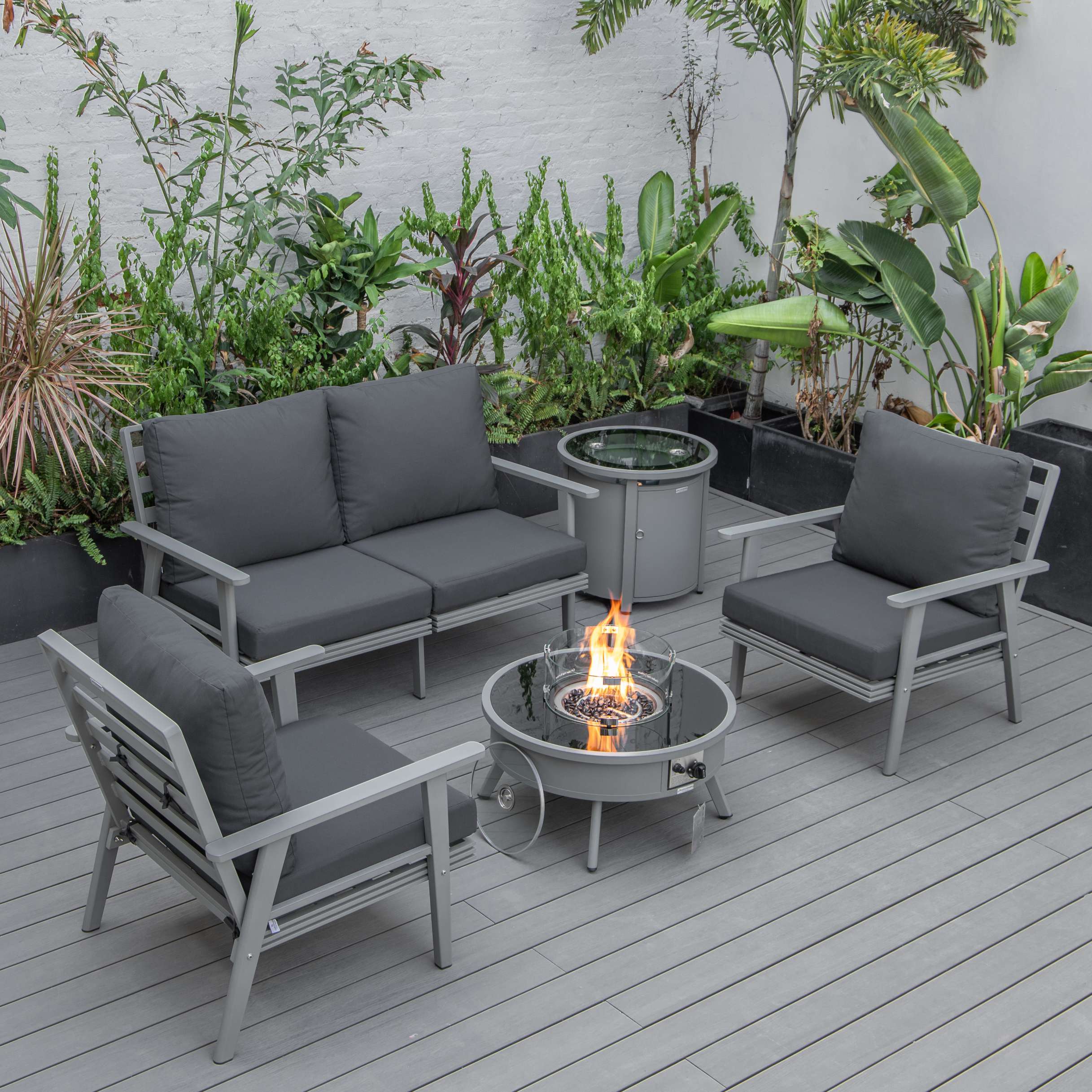 LeisureMod Walbrooke Modern Grey Patio Conversation With Round Fire Pit & Tank Holder - Image 43