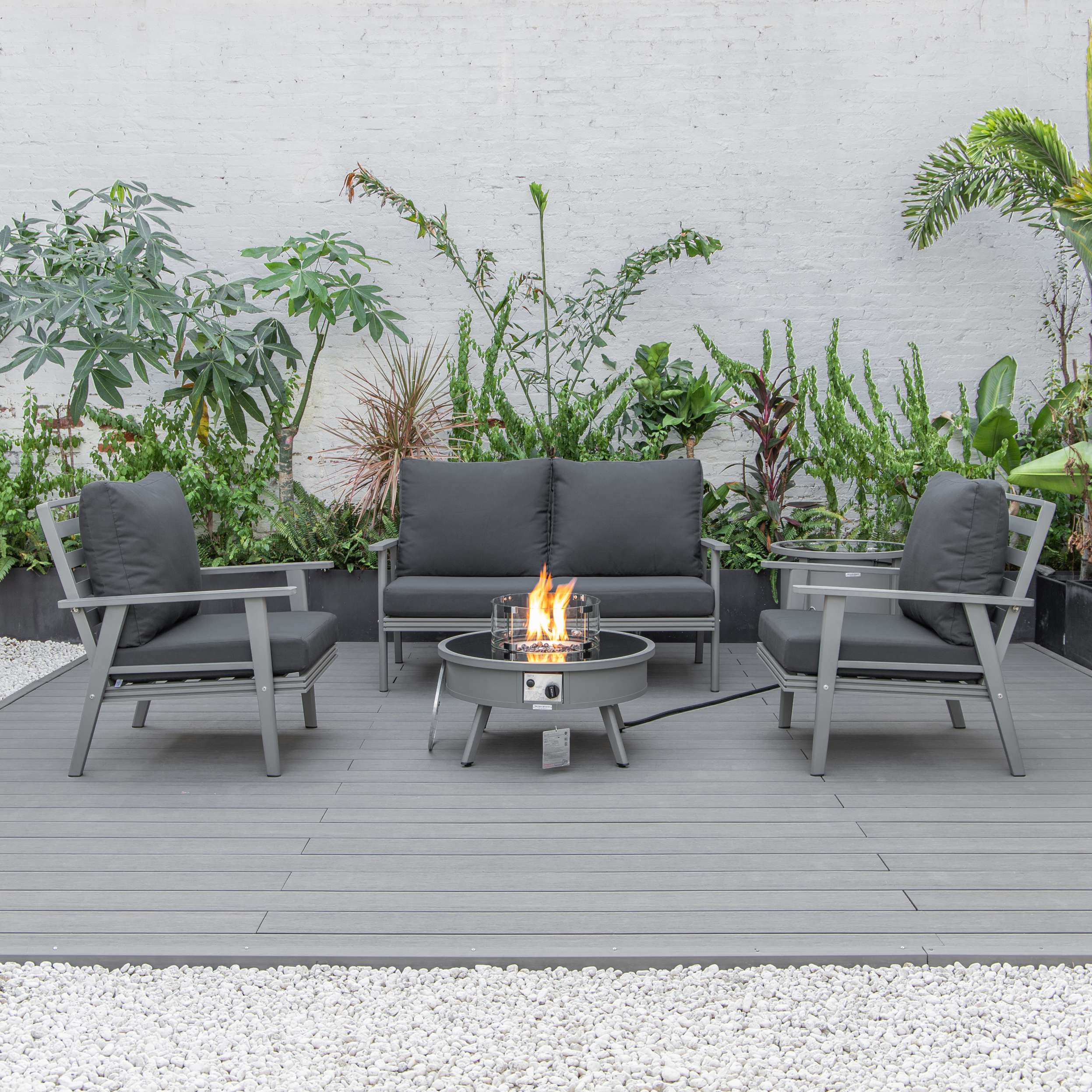 LeisureMod Walbrooke Modern Grey Patio Conversation With Round Fire Pit & Tank Holder - Image 44