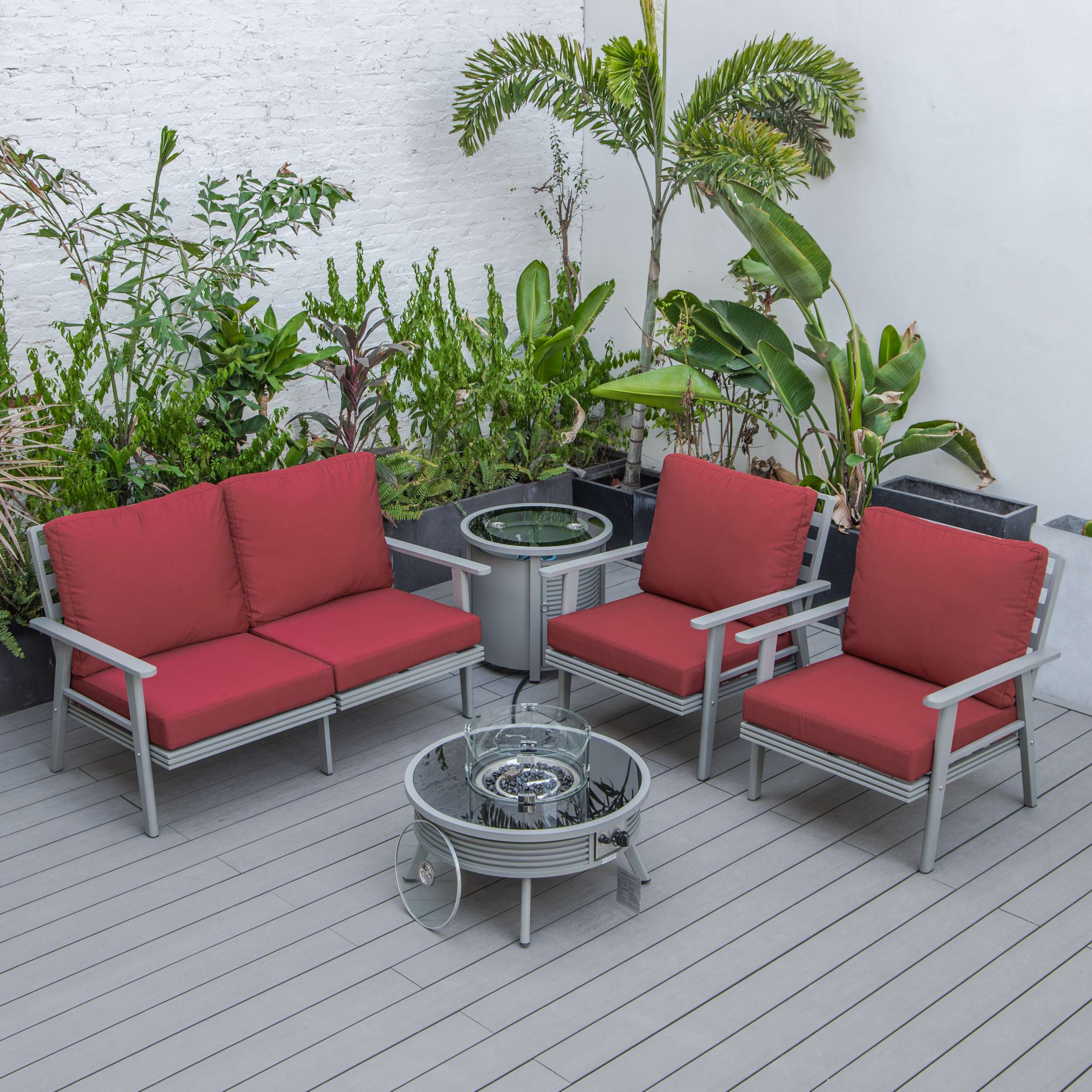 LeisureMod Walbrooke Modern Grey Patio Conversation With Round Fire Pit & Tank Holder - Image 47