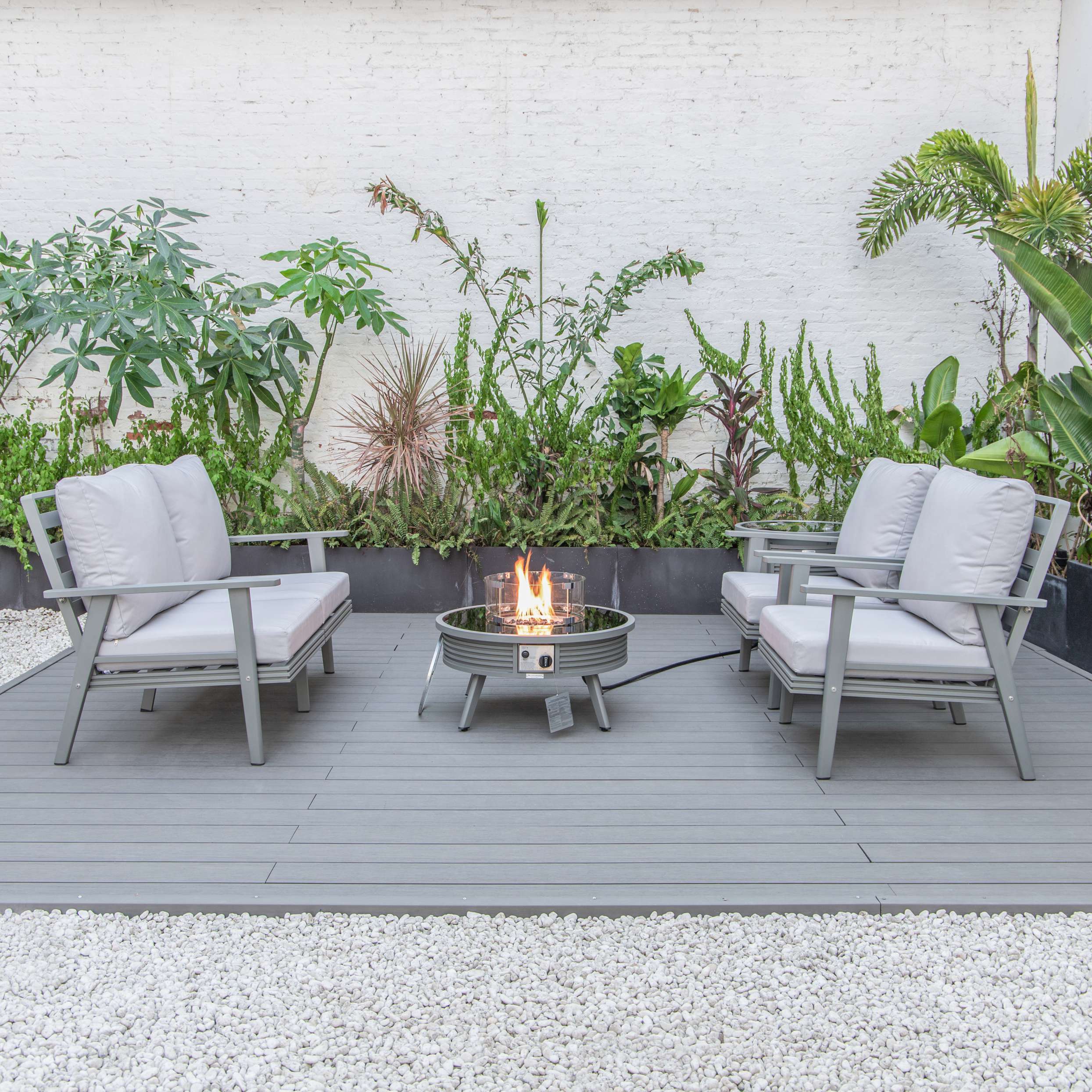 LeisureMod Walbrooke Modern Grey Patio Conversation With Round Fire Pit & Tank Holder - Image 48