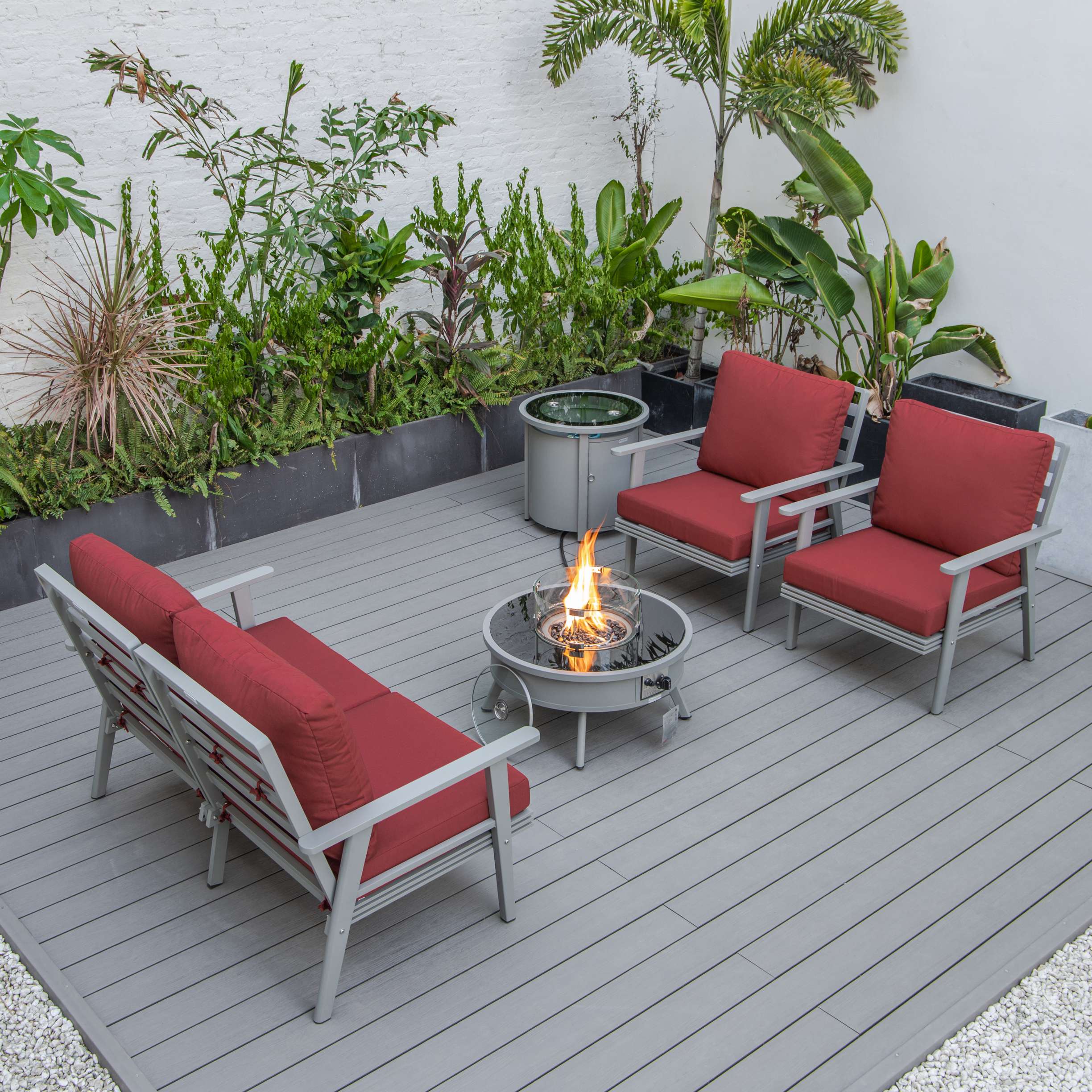 LeisureMod Walbrooke Modern Grey Patio Conversation With Round Fire Pit & Tank Holder - Image 53