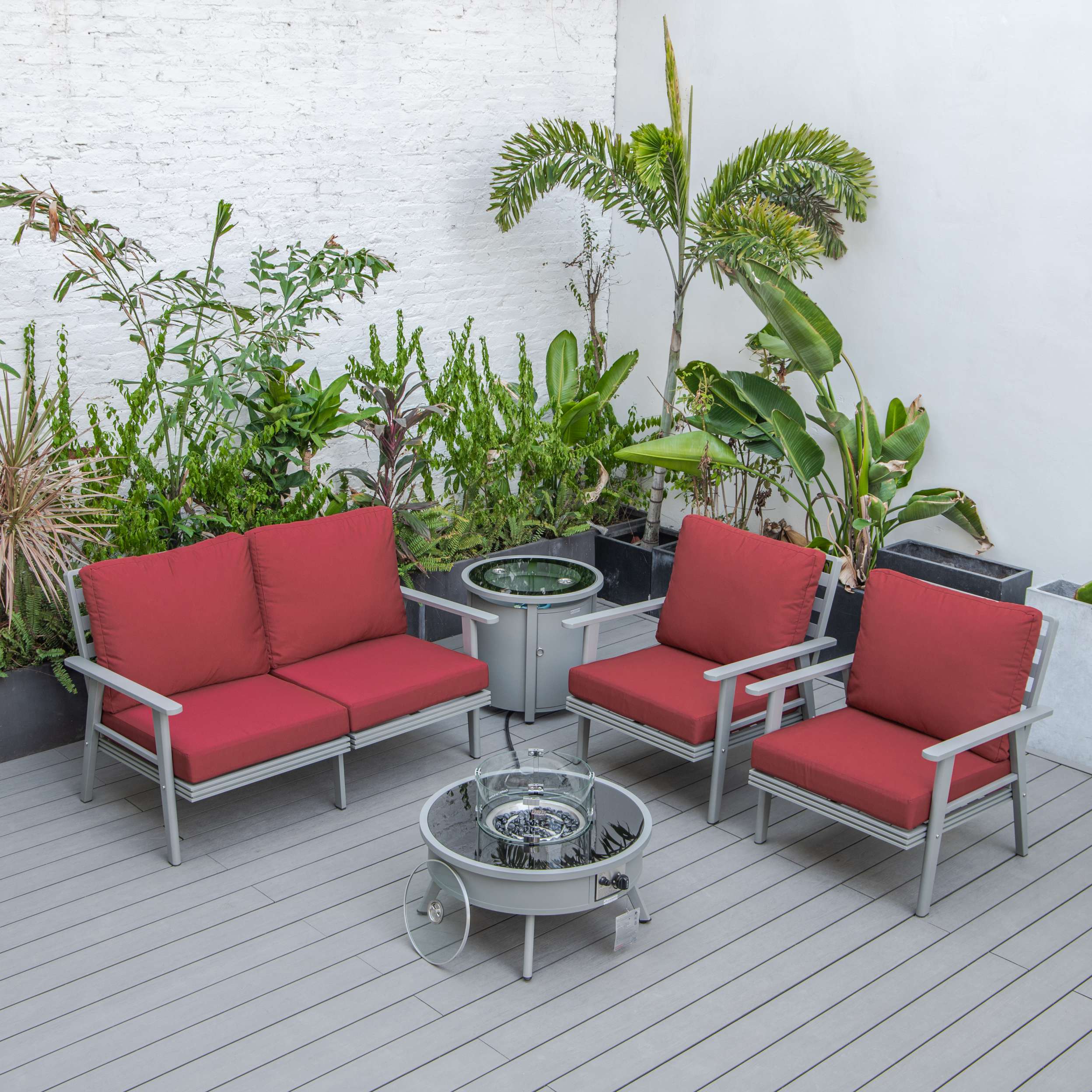 LeisureMod Walbrooke Modern Grey Patio Conversation With Round Fire Pit & Tank Holder - Image 57