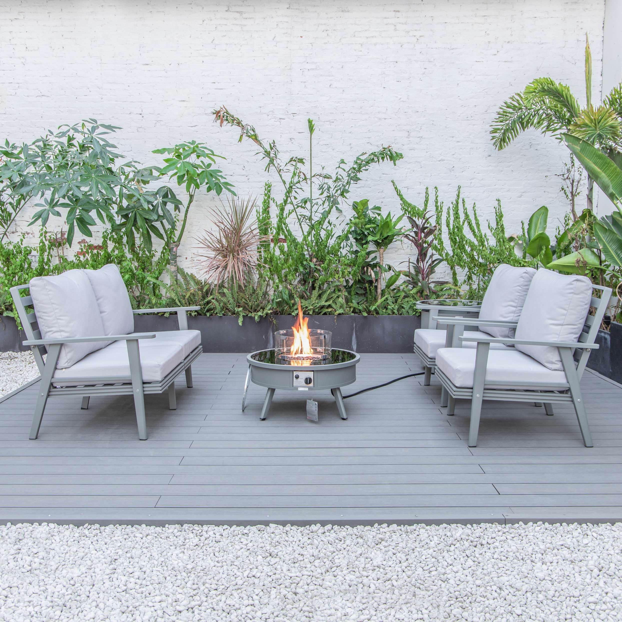 LeisureMod Walbrooke Modern Grey Patio Conversation With Round Fire Pit & Tank Holder - Image 59