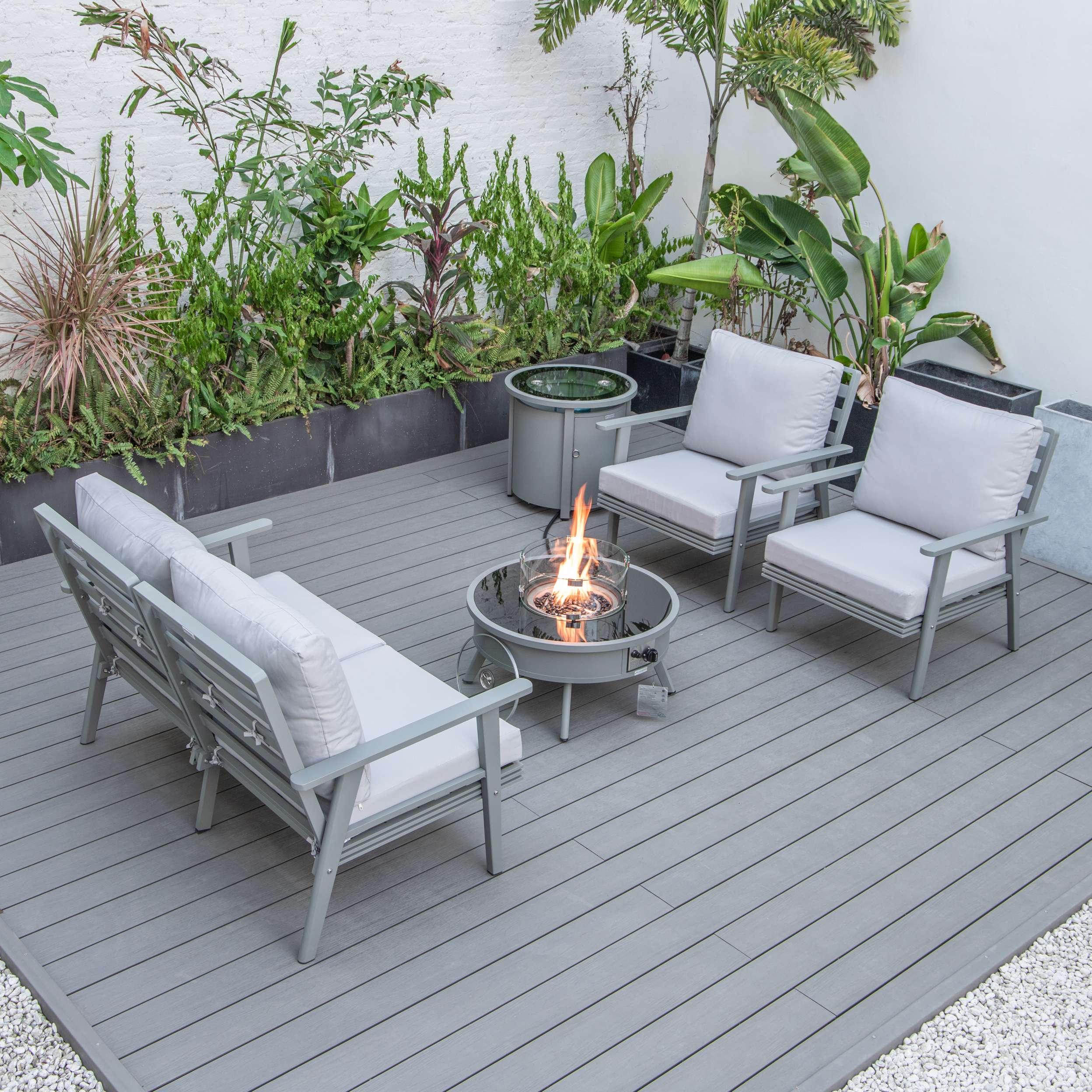 LeisureMod Walbrooke Modern Grey Patio Conversation With Round Fire Pit & Tank Holder - Image 60