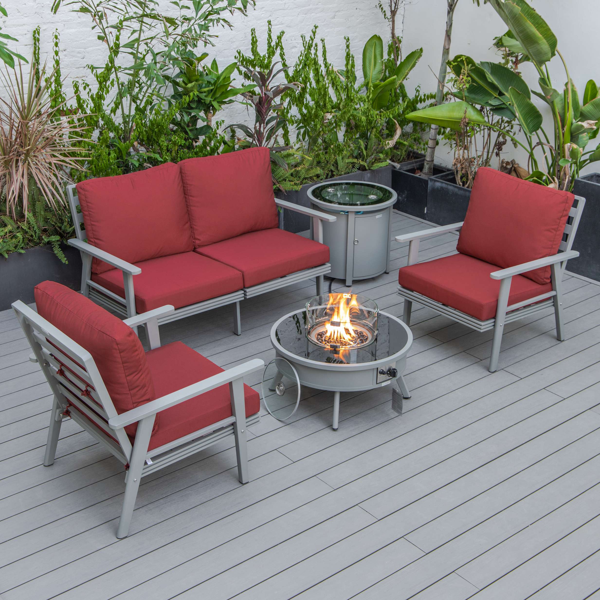LeisureMod Walbrooke Modern Grey Patio Conversation With Round Fire Pit & Tank Holder - Image 61