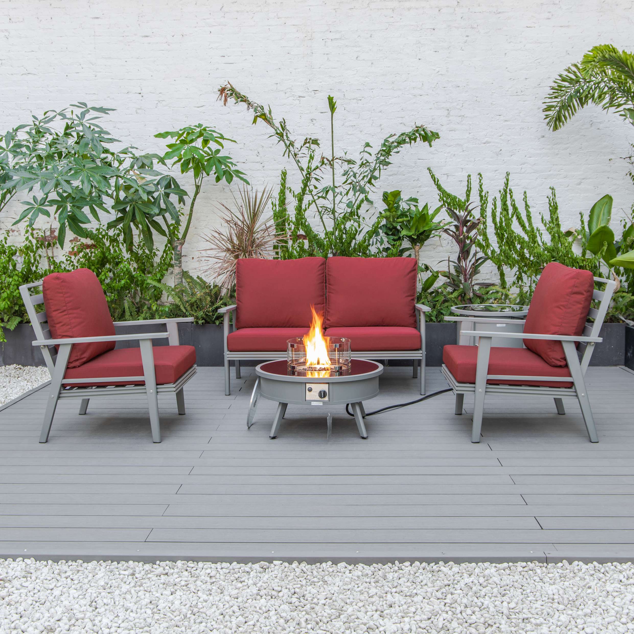 LeisureMod Walbrooke Modern Grey Patio Conversation With Round Fire Pit & Tank Holder - Image 62