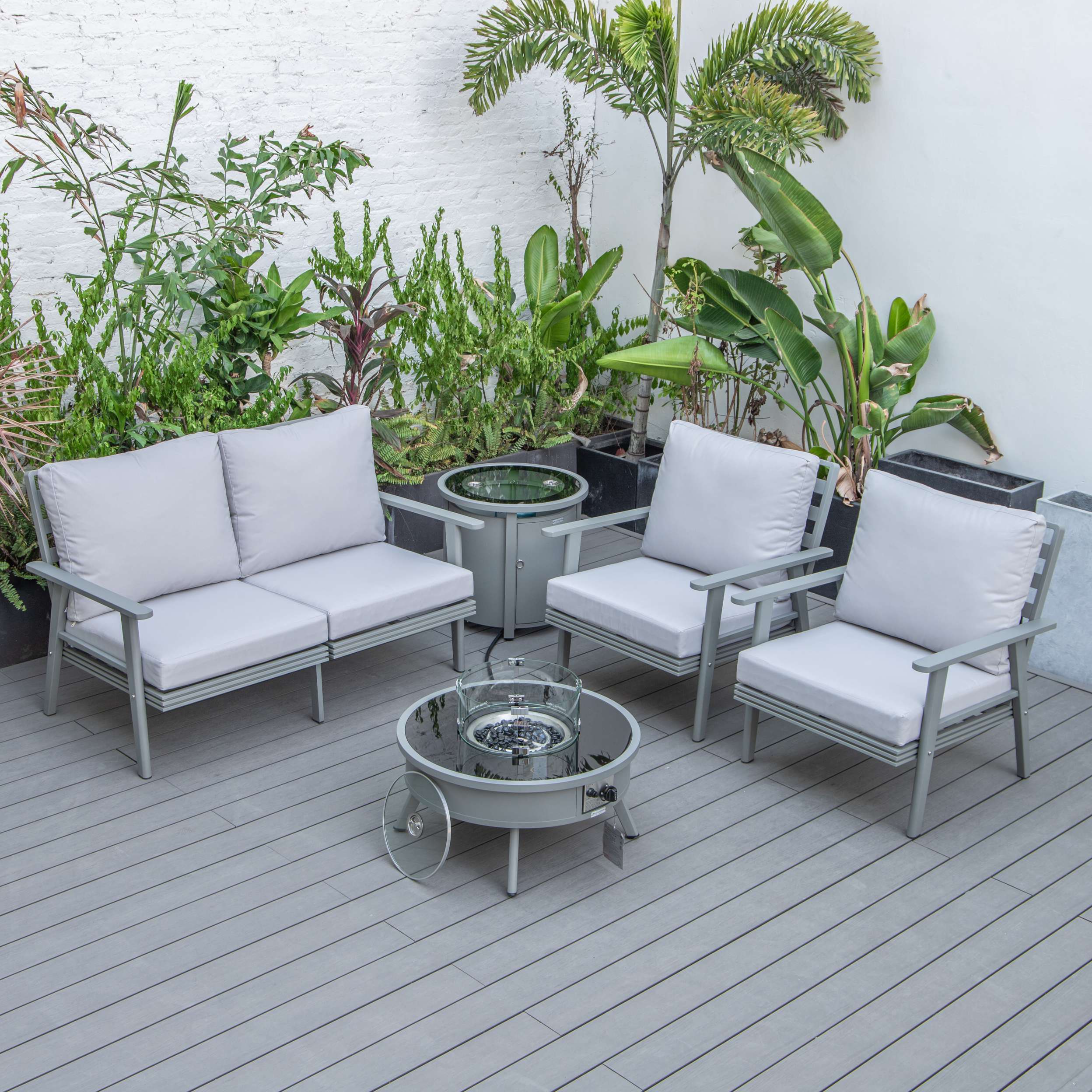 LeisureMod Walbrooke Modern Grey Patio Conversation With Round Fire Pit & Tank Holder - Image 63