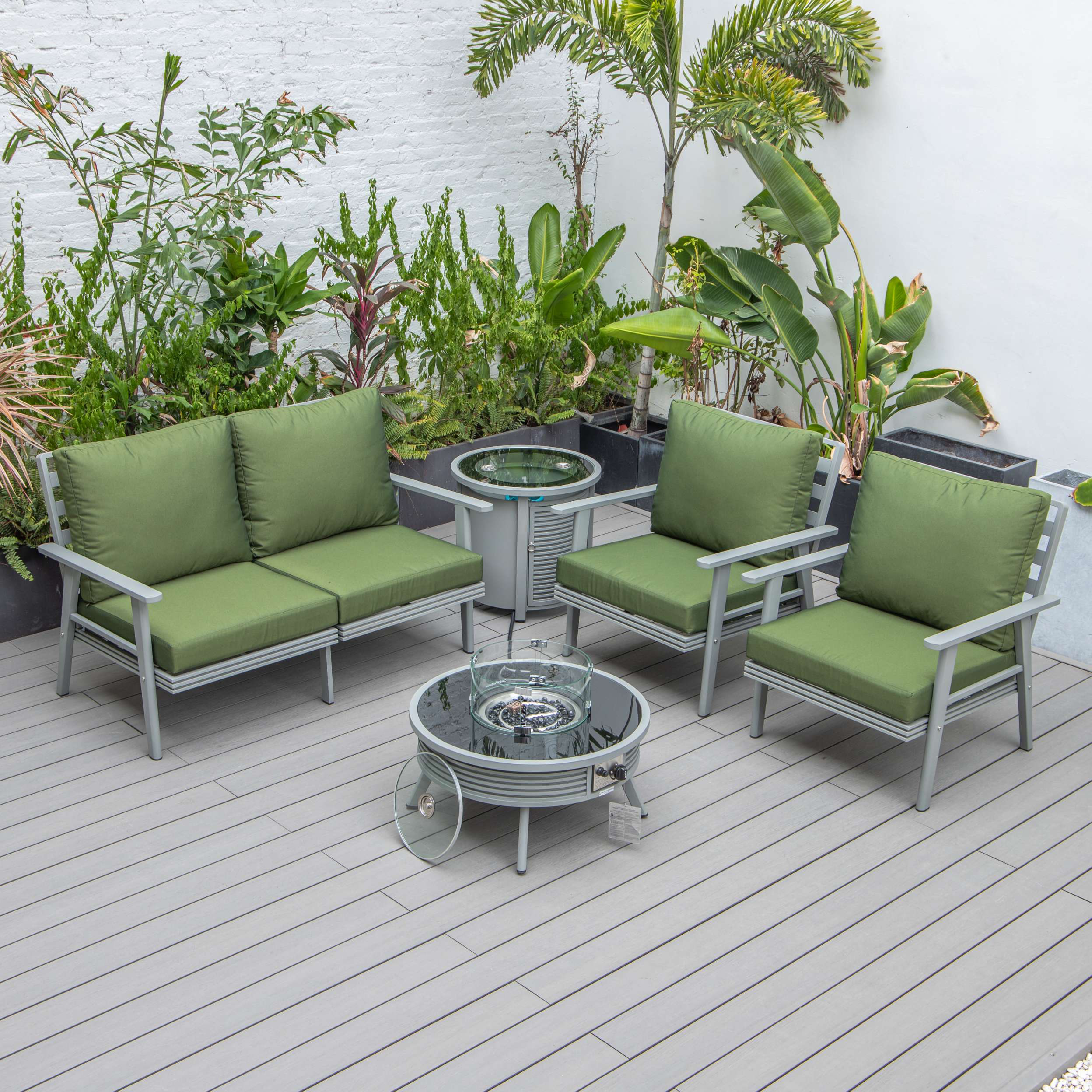 LeisureMod Walbrooke Modern Grey Patio Conversation With Round Fire Pit & Tank Holder - Image 64