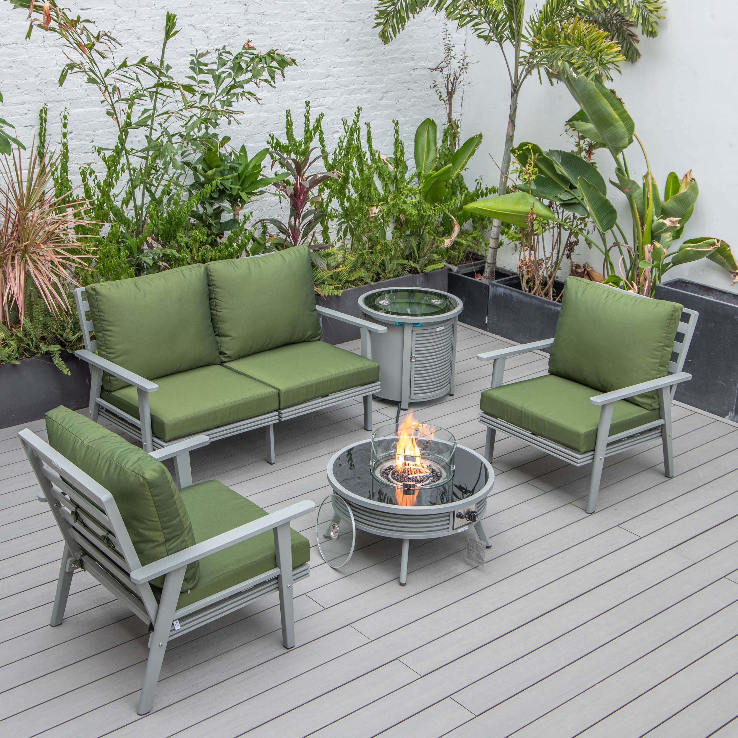 LeisureMod Walbrooke Modern Grey Patio Conversation With Round Fire Pit & Tank Holder - Image 65