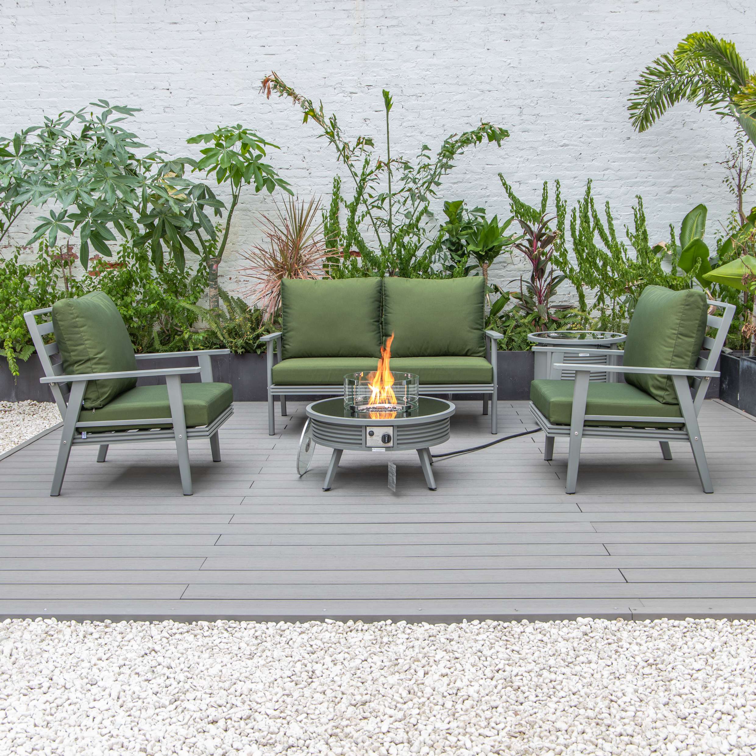 LeisureMod Walbrooke Modern Grey Patio Conversation With Round Fire Pit & Tank Holder - Image 66