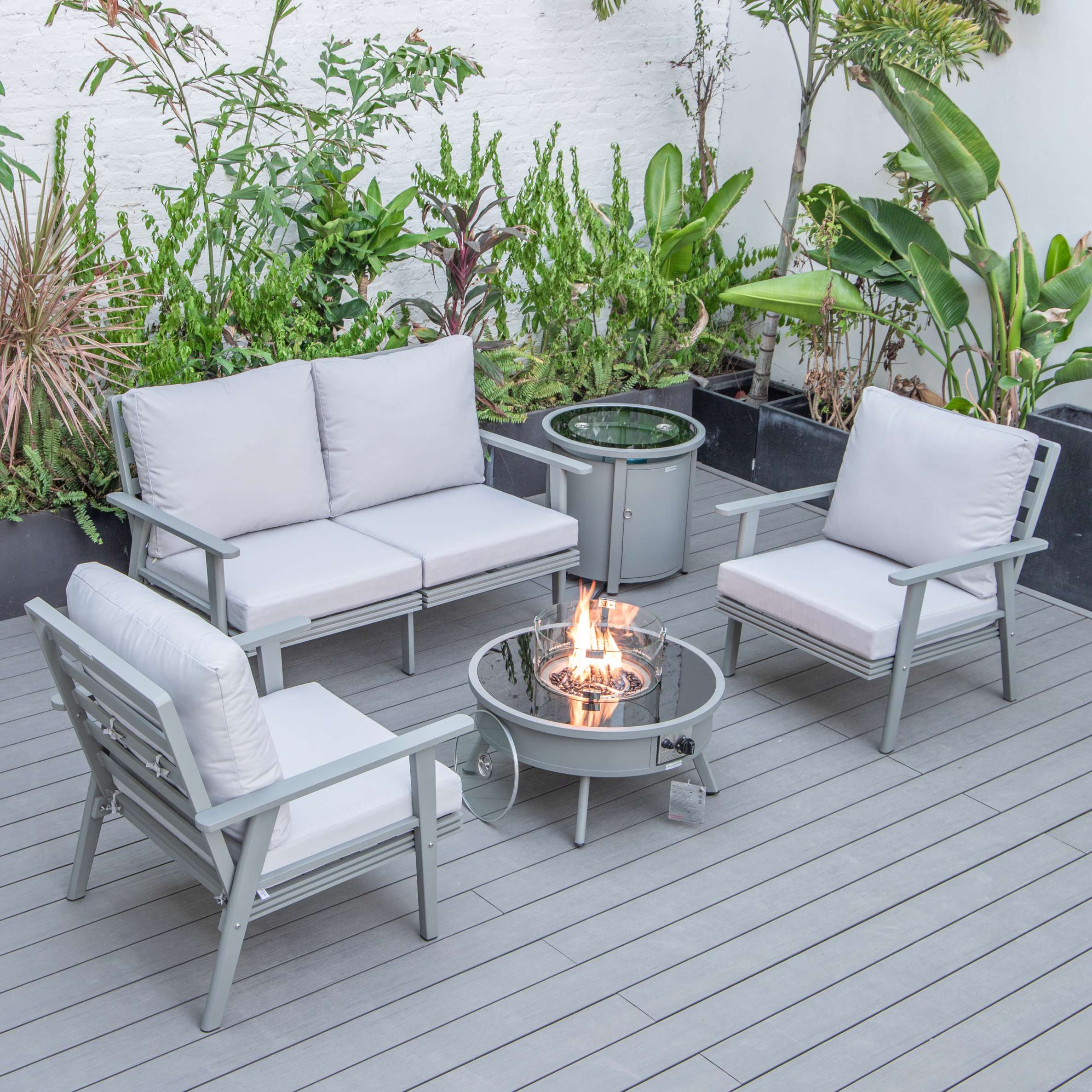 LeisureMod Walbrooke Modern Grey Patio Conversation With Round Fire Pit & Tank Holder - Image 67
