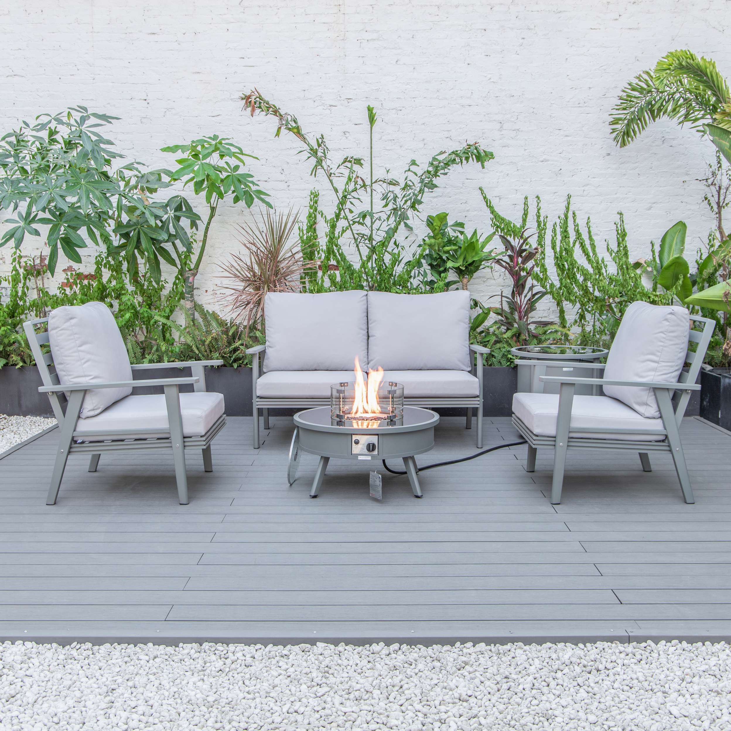 LeisureMod Walbrooke Modern Grey Patio Conversation With Round Fire Pit & Tank Holder - Image 68