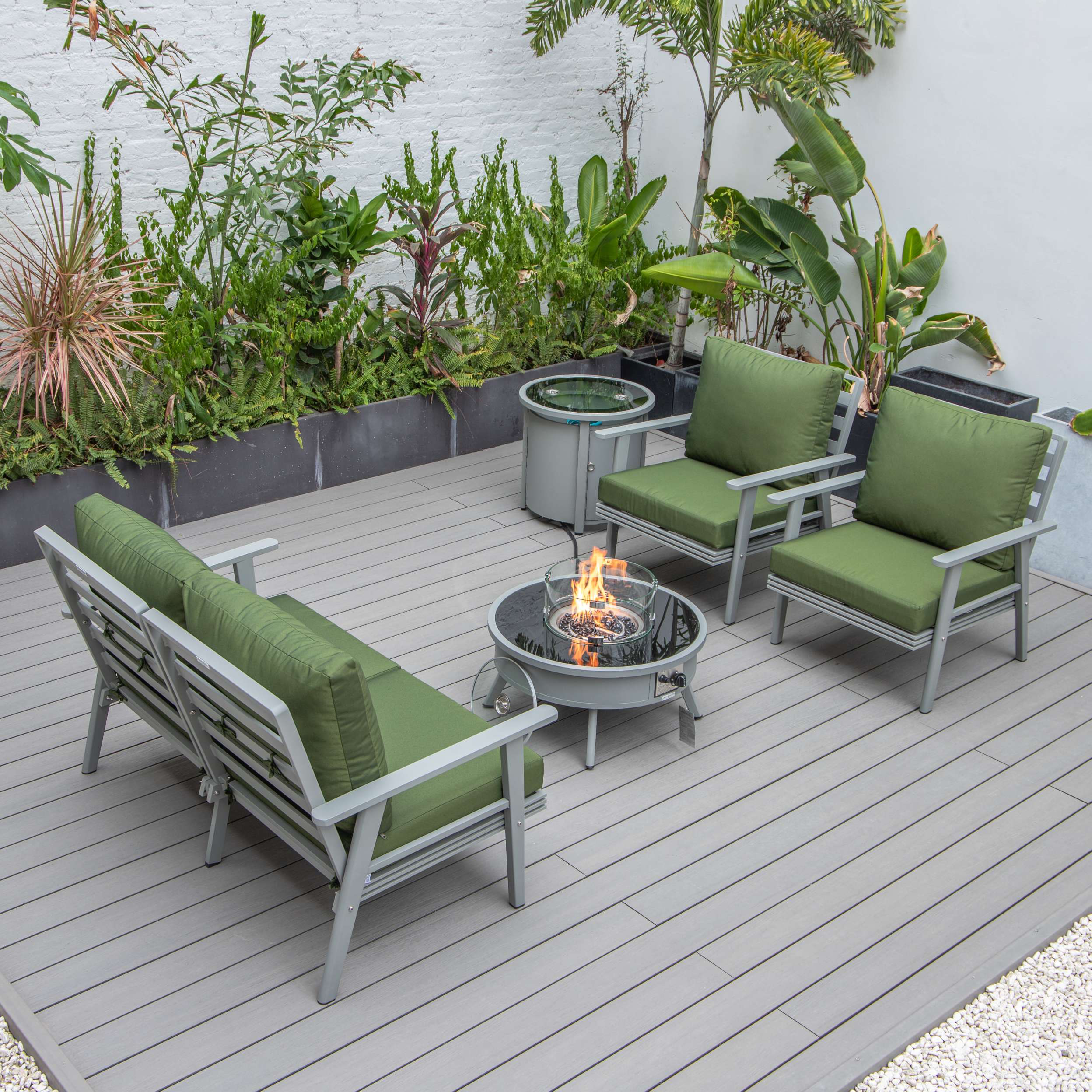LeisureMod Walbrooke Modern Grey Patio Conversation With Round Fire Pit & Tank Holder - Image 69