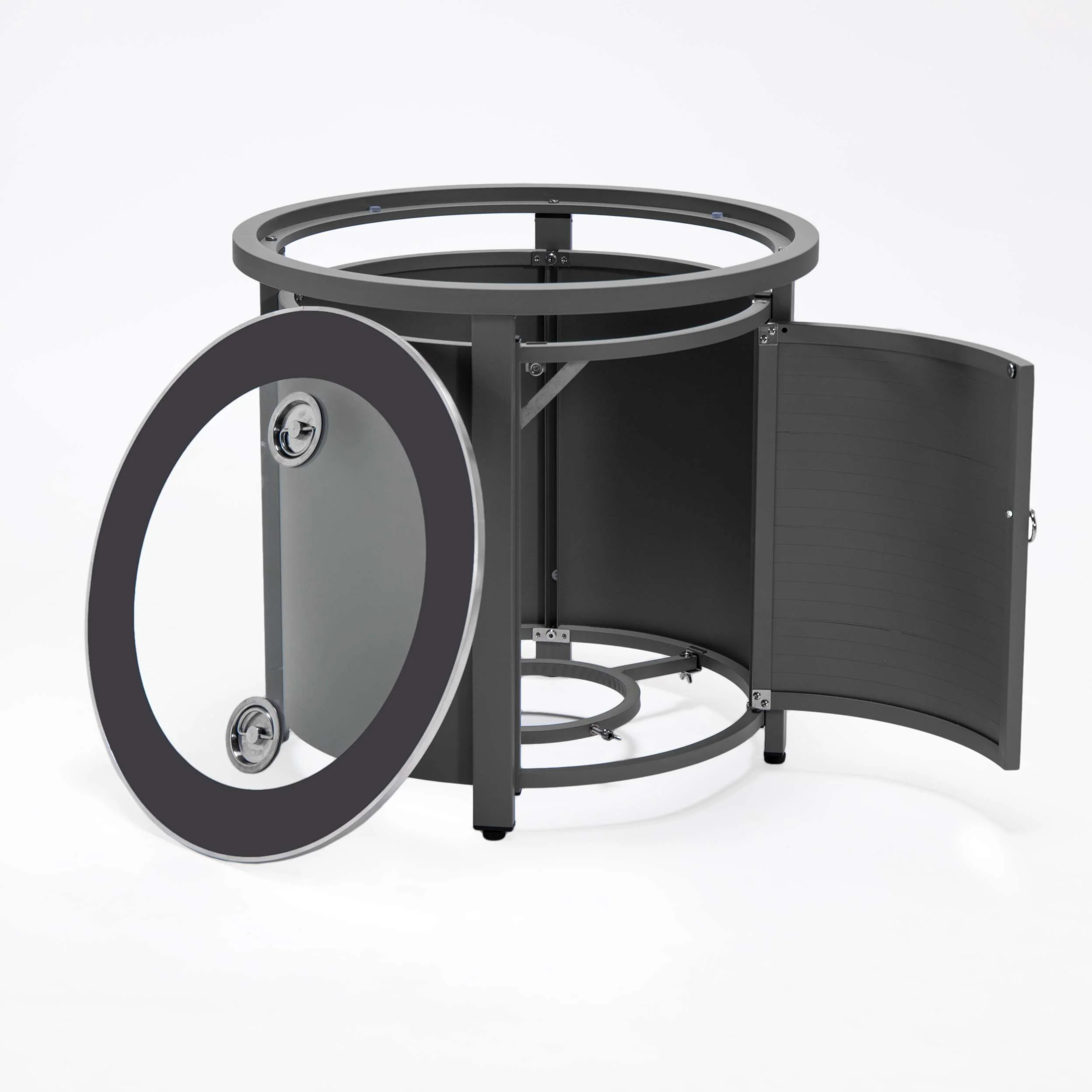 LeisureMod Walbrooke Modern Grey Patio Conversation With Round Fire Pit With Slats Design & Tank Holder - Image 13
