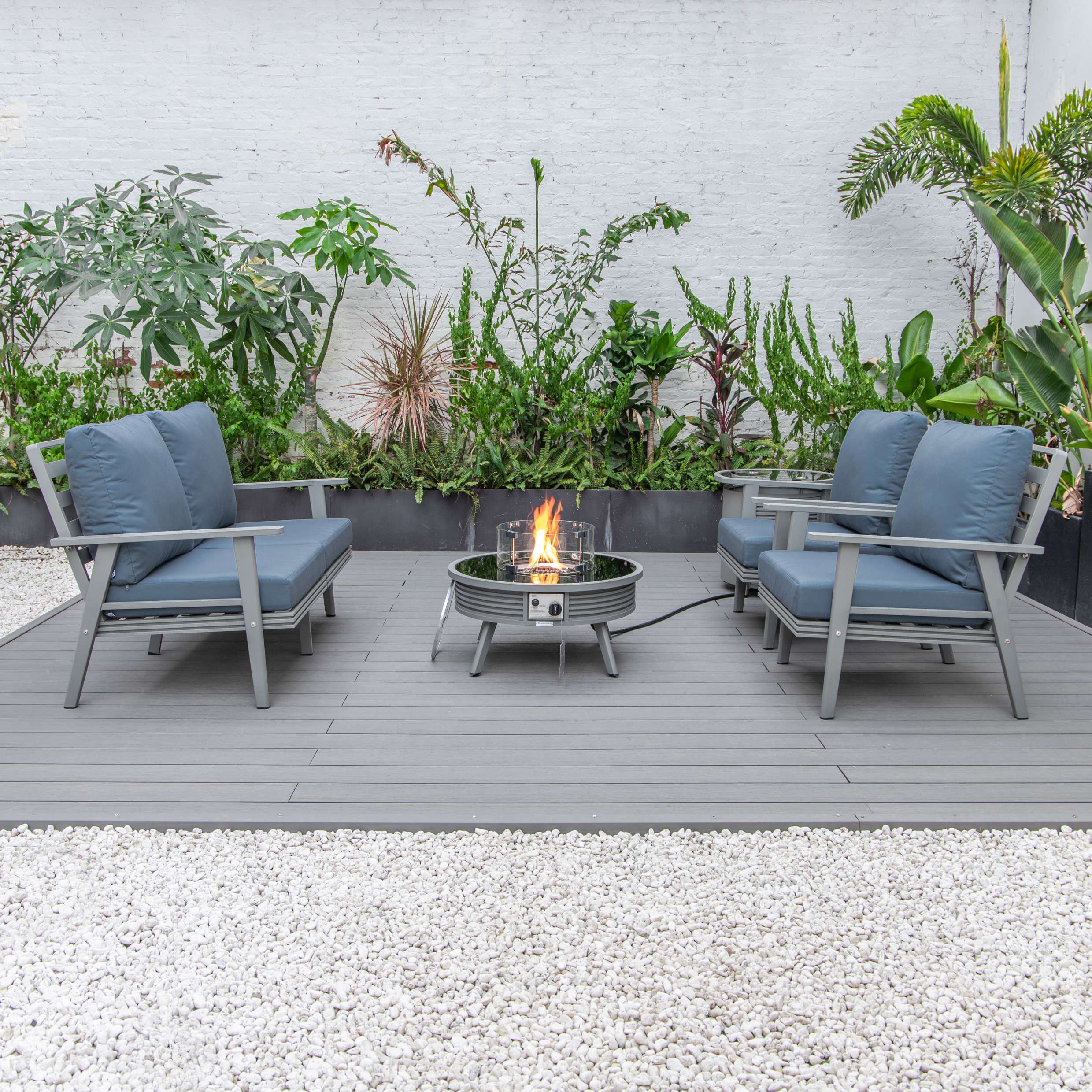 LeisureMod Walbrooke Modern Grey Patio Conversation With Round Fire Pit With Slats Design & Tank Holder - Image 21