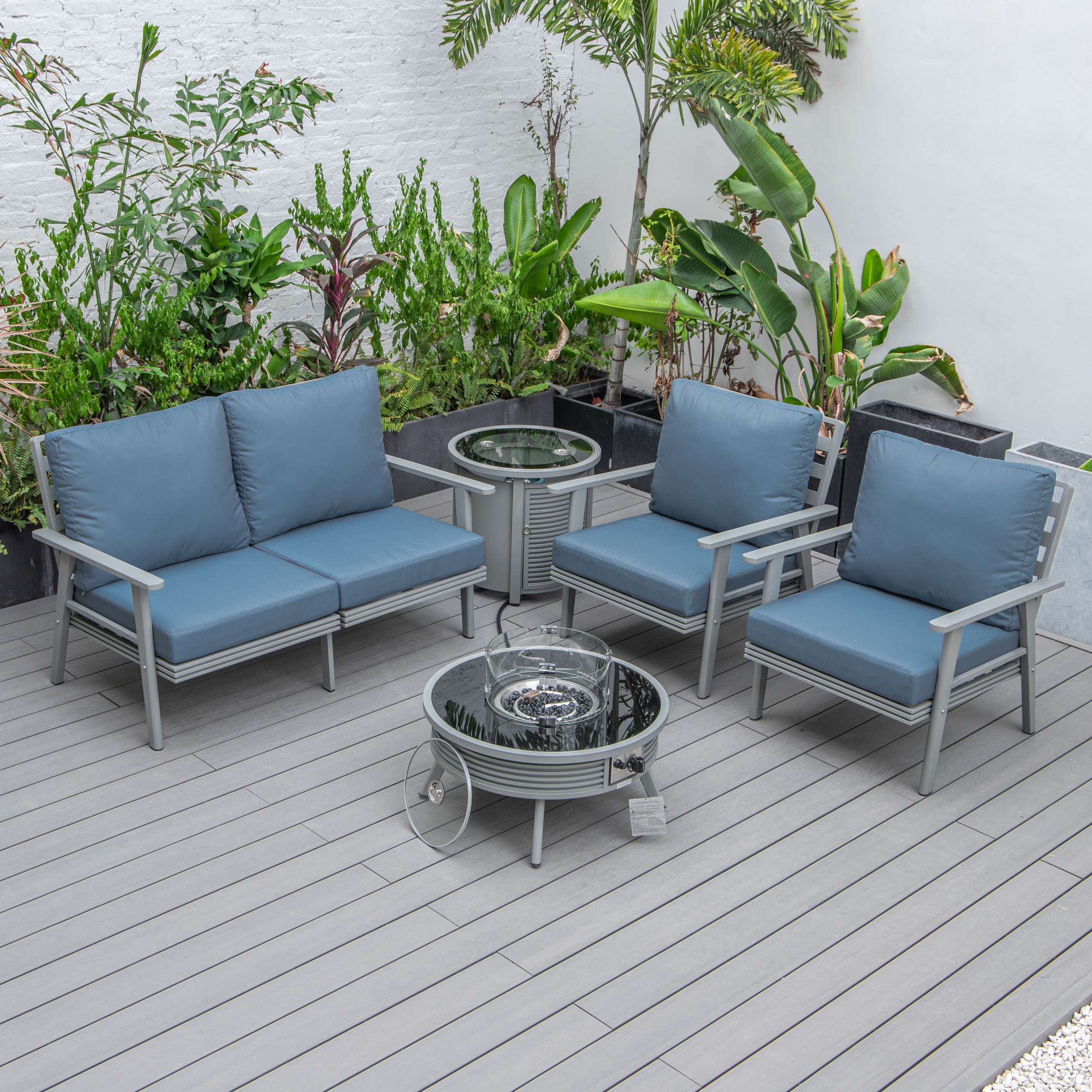 LeisureMod Walbrooke Modern Grey Patio Conversation With Round Fire Pit With Slats Design & Tank Holder - Image 23