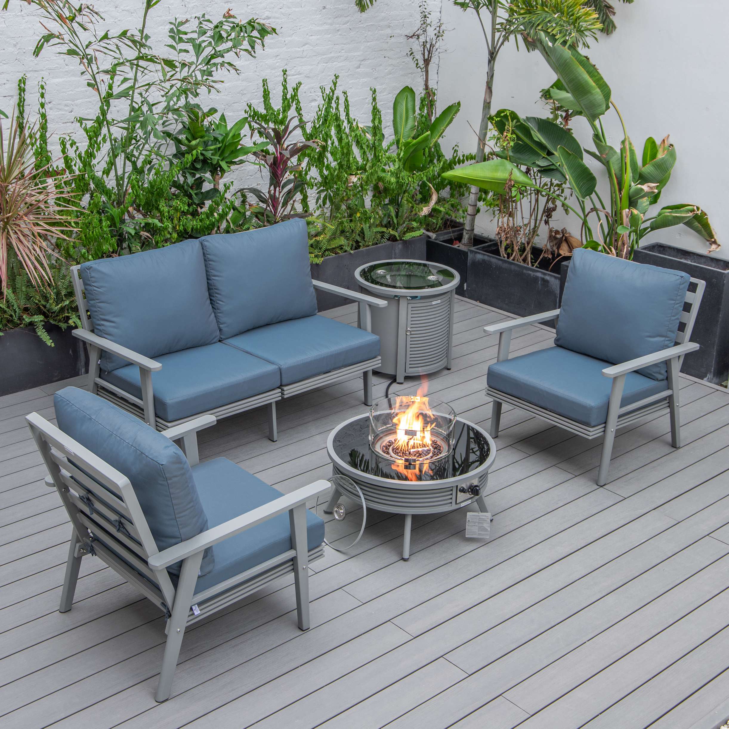LeisureMod Walbrooke Modern Grey Patio Conversation With Round Fire Pit With Slats Design & Tank Holder - Image 24