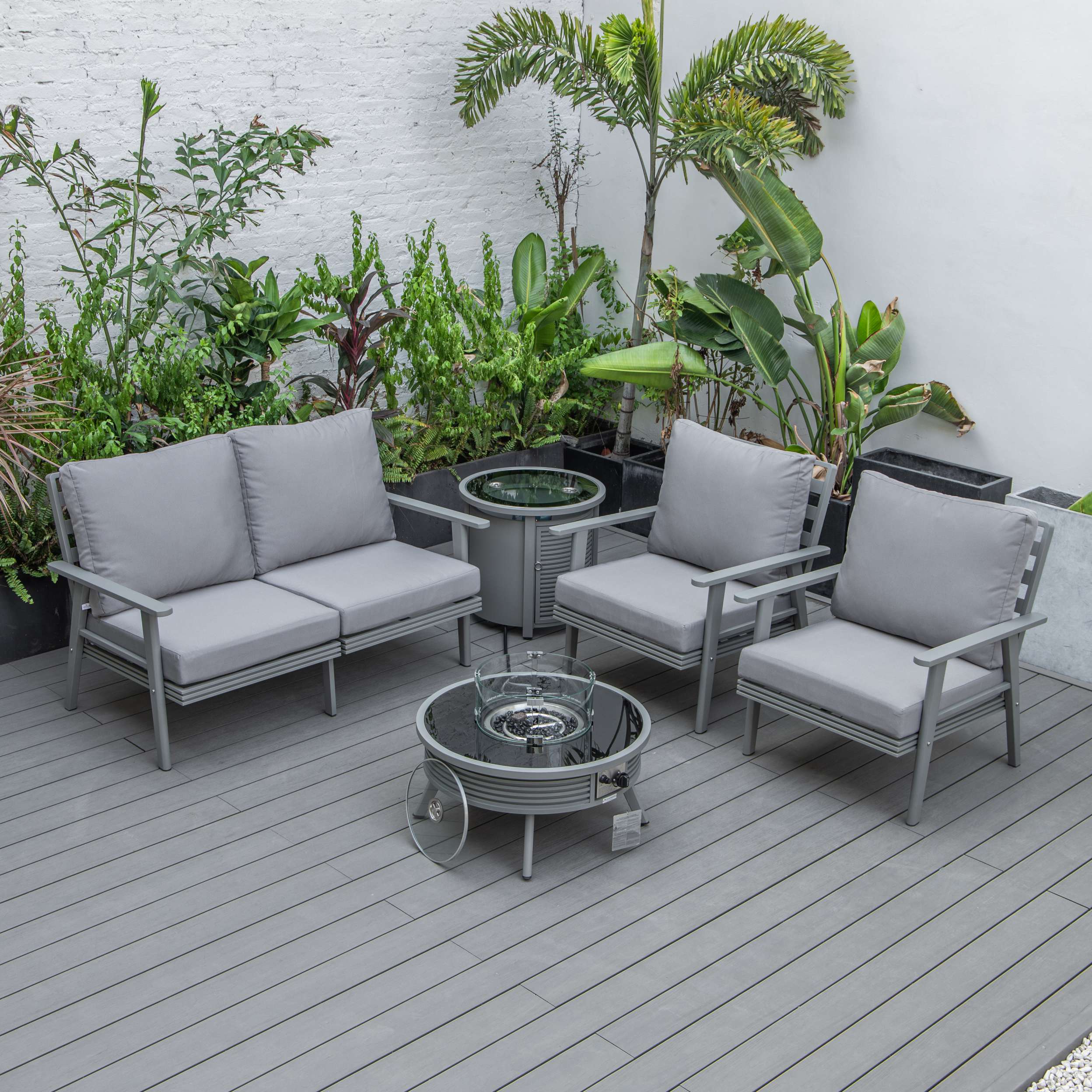 LeisureMod Walbrooke Modern Grey Patio Conversation With Round Fire Pit With Slats Design & Tank Holder - Image 28