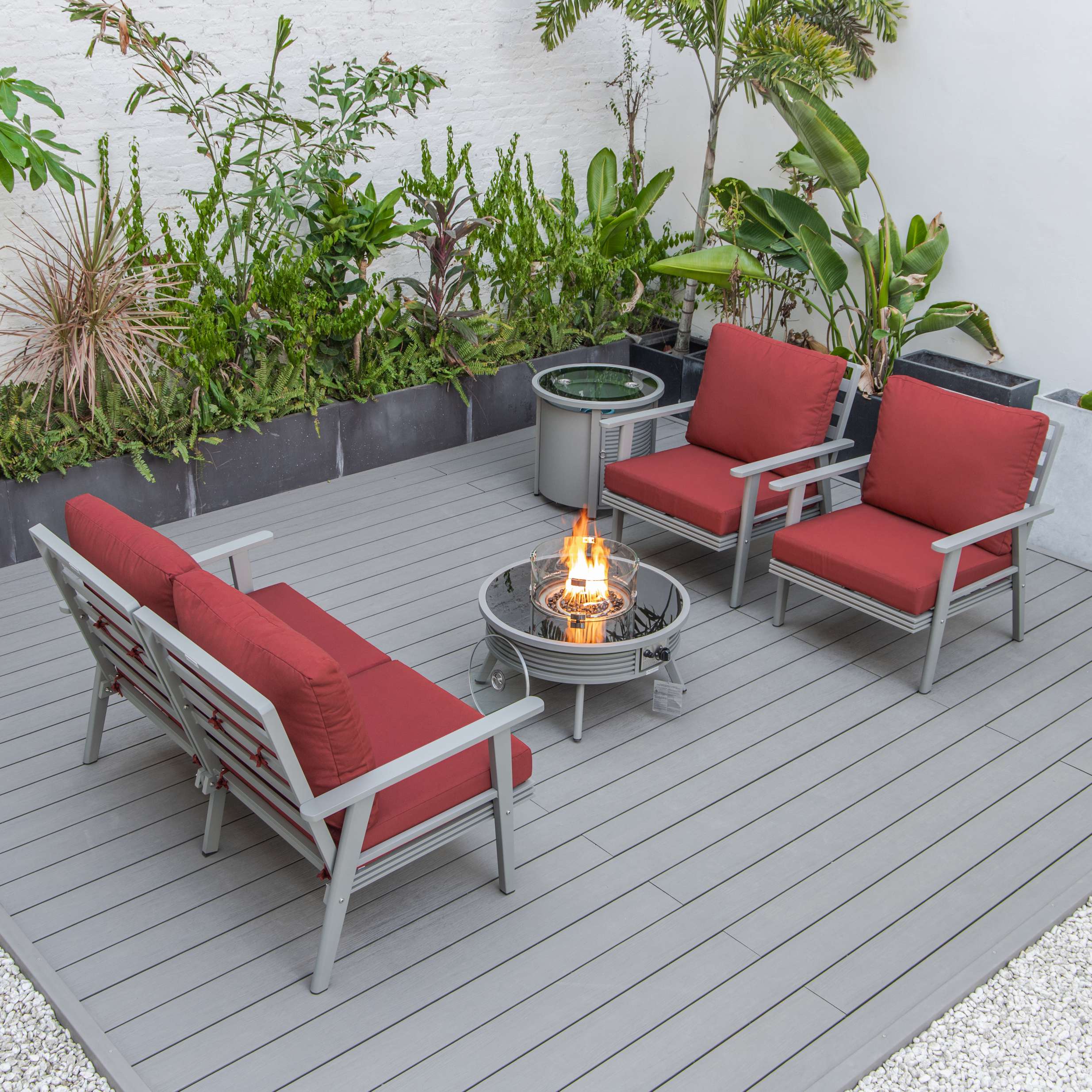 LeisureMod Walbrooke Modern Grey Patio Conversation With Round Fire Pit With Slats Design & Tank Holder - Image 31