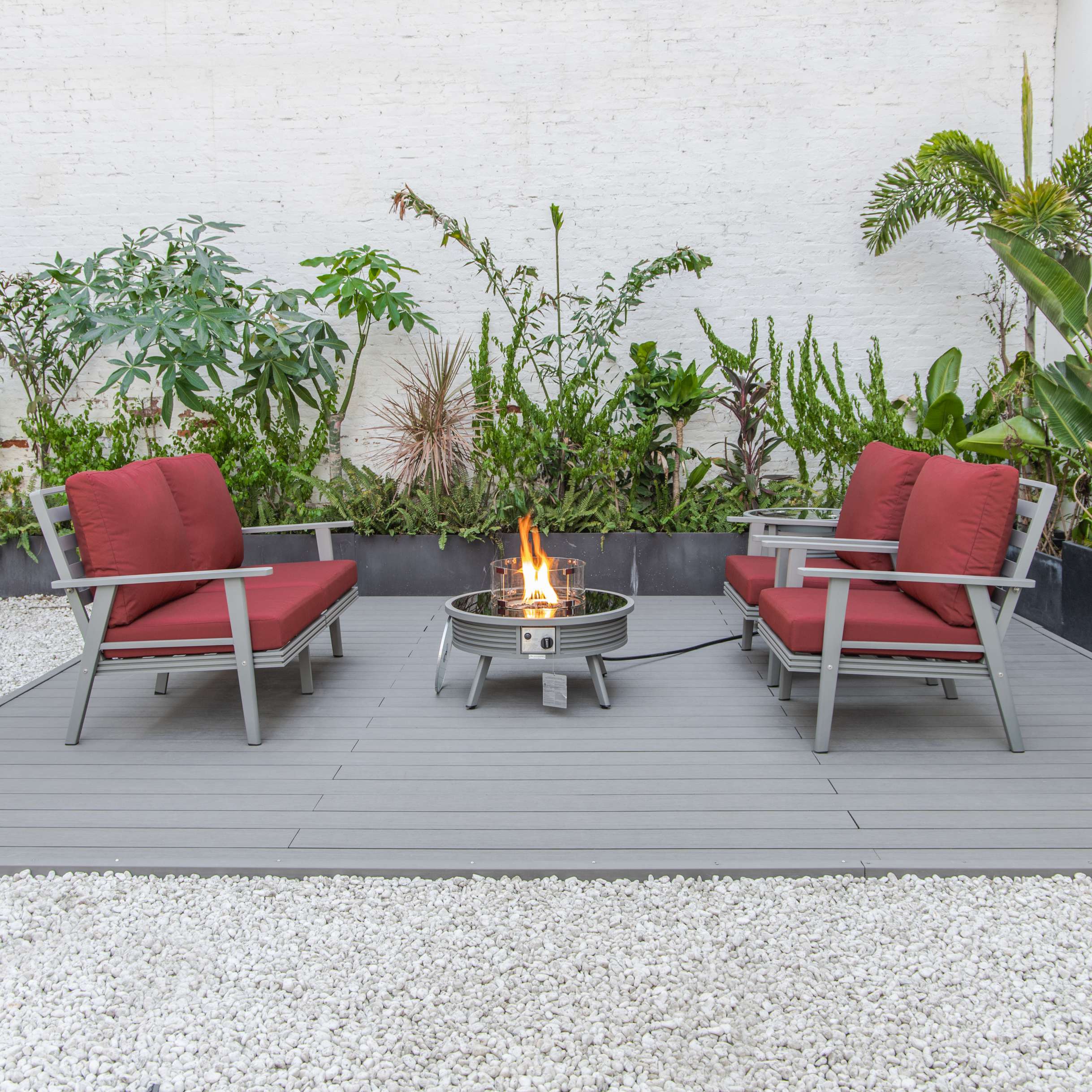 LeisureMod Walbrooke Modern Grey Patio Conversation With Round Fire Pit With Slats Design & Tank Holder - Image 32