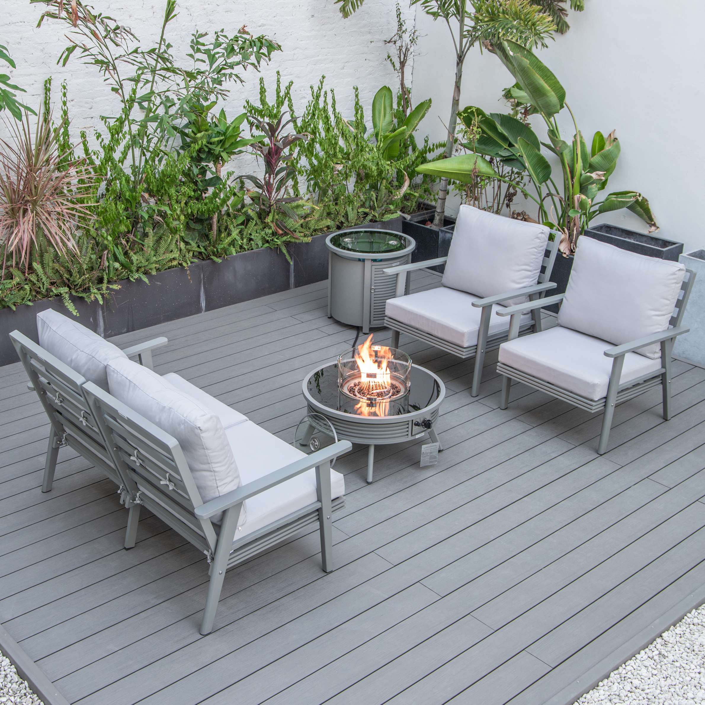 LeisureMod Walbrooke Modern Grey Patio Conversation With Round Fire Pit With Slats Design & Tank Holder - Image 35