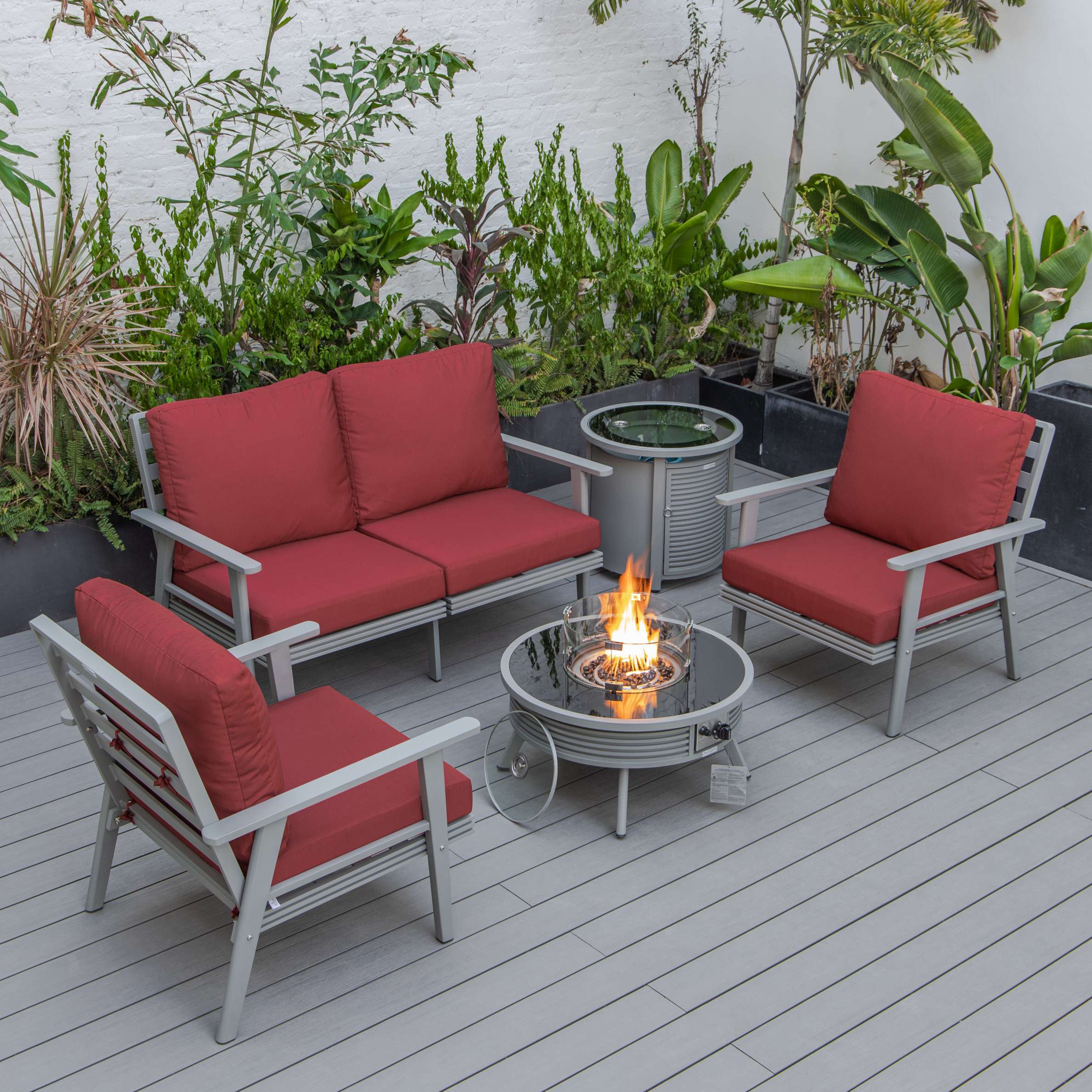 LeisureMod Walbrooke Modern Grey Patio Conversation With Round Fire Pit With Slats Design & Tank Holder - Image 36