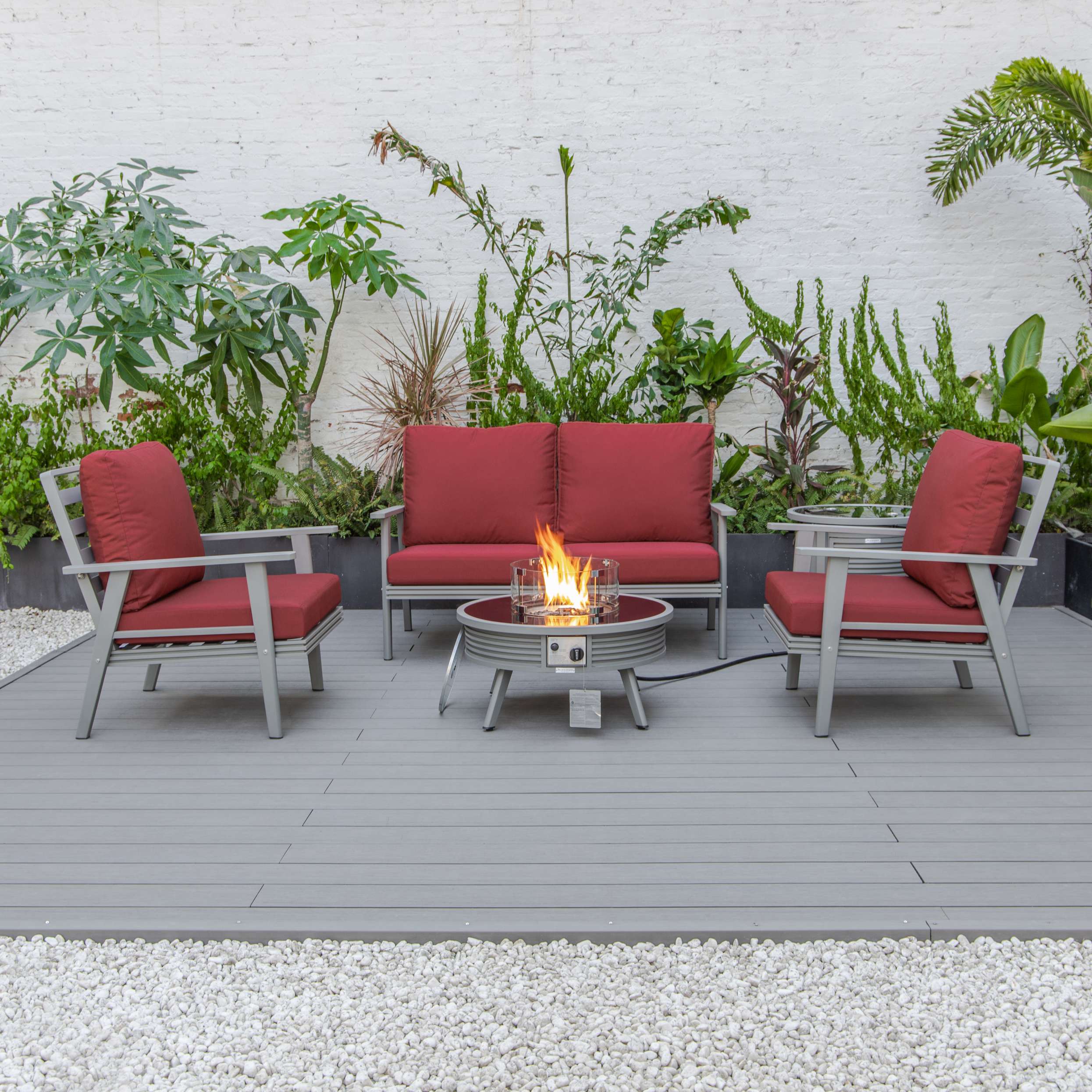 LeisureMod Walbrooke Modern Grey Patio Conversation With Round Fire Pit With Slats Design & Tank Holder - Image 37