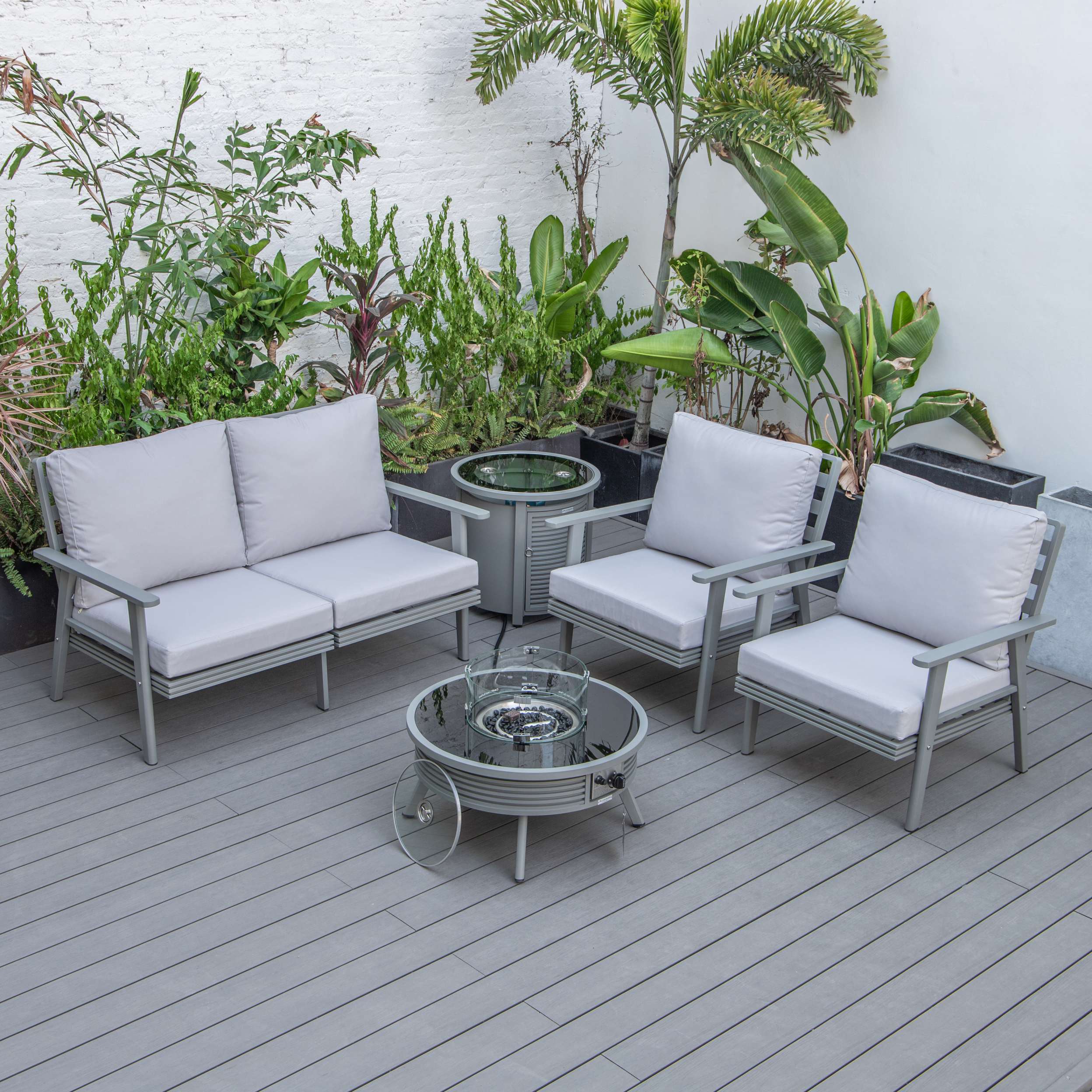 LeisureMod Walbrooke Modern Grey Patio Conversation With Round Fire Pit With Slats Design & Tank Holder - Image 38
