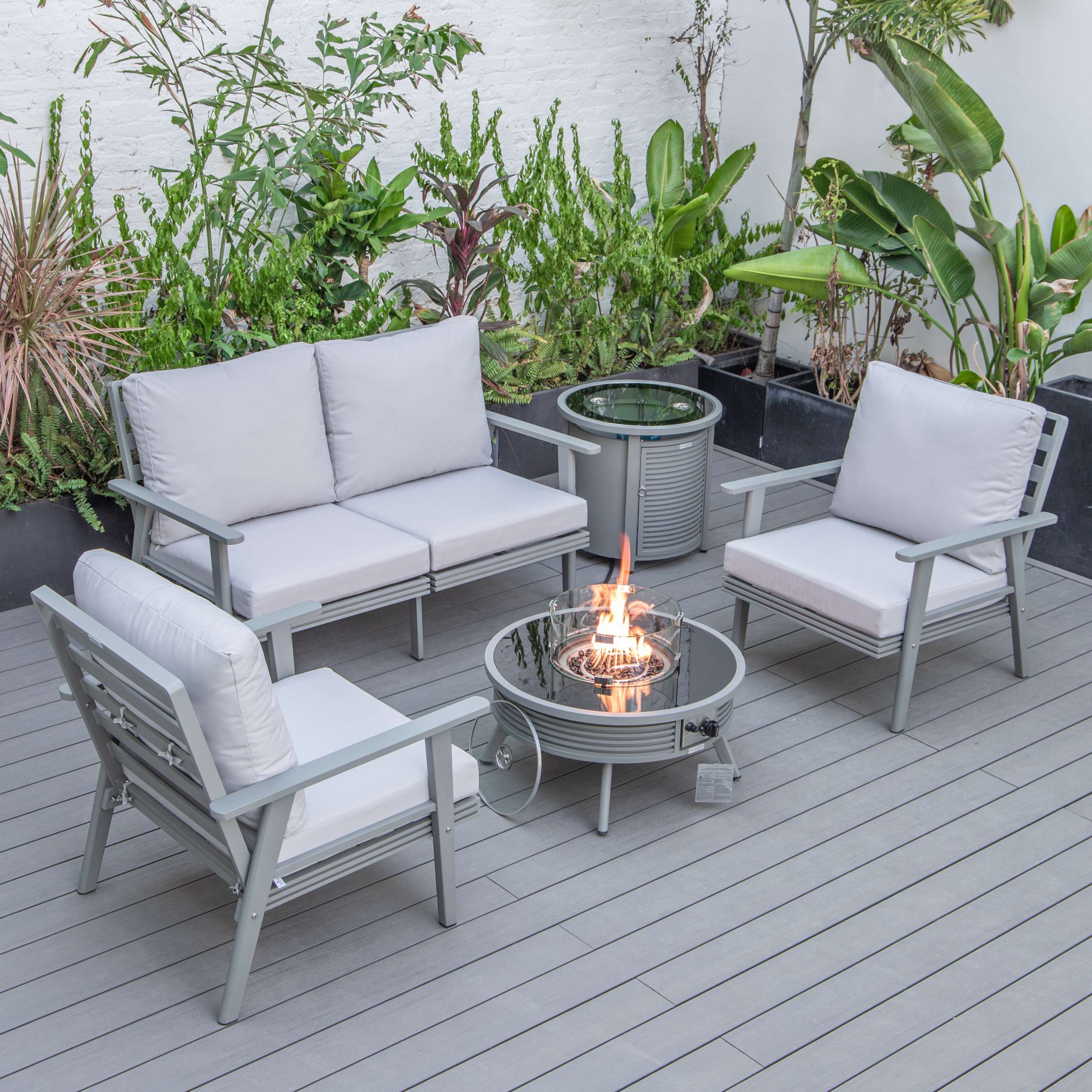 LeisureMod Walbrooke Modern Grey Patio Conversation With Round Fire Pit With Slats Design & Tank Holder - Image 39