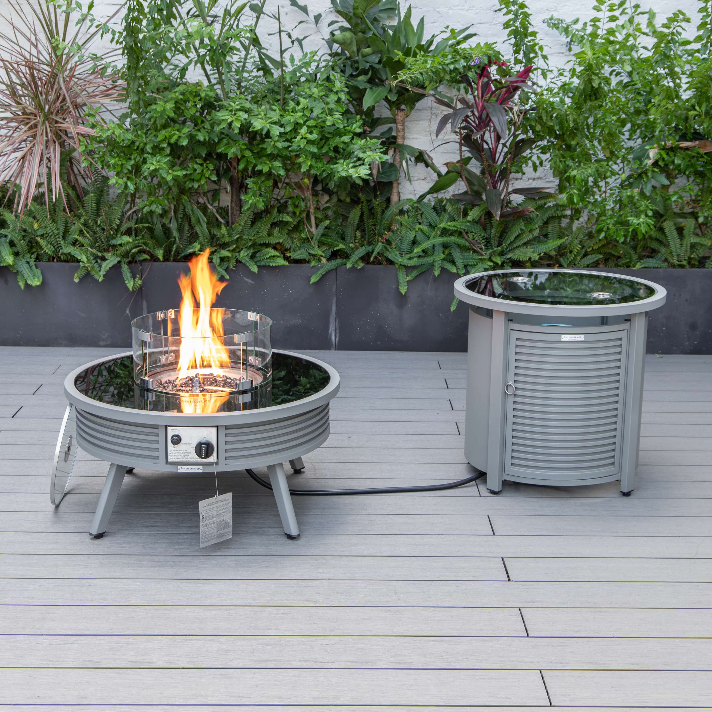 LeisureMod Walbrooke Modern Grey Patio Conversation With Round Fire Pit With Slats Design & Tank Holder - Image 4
