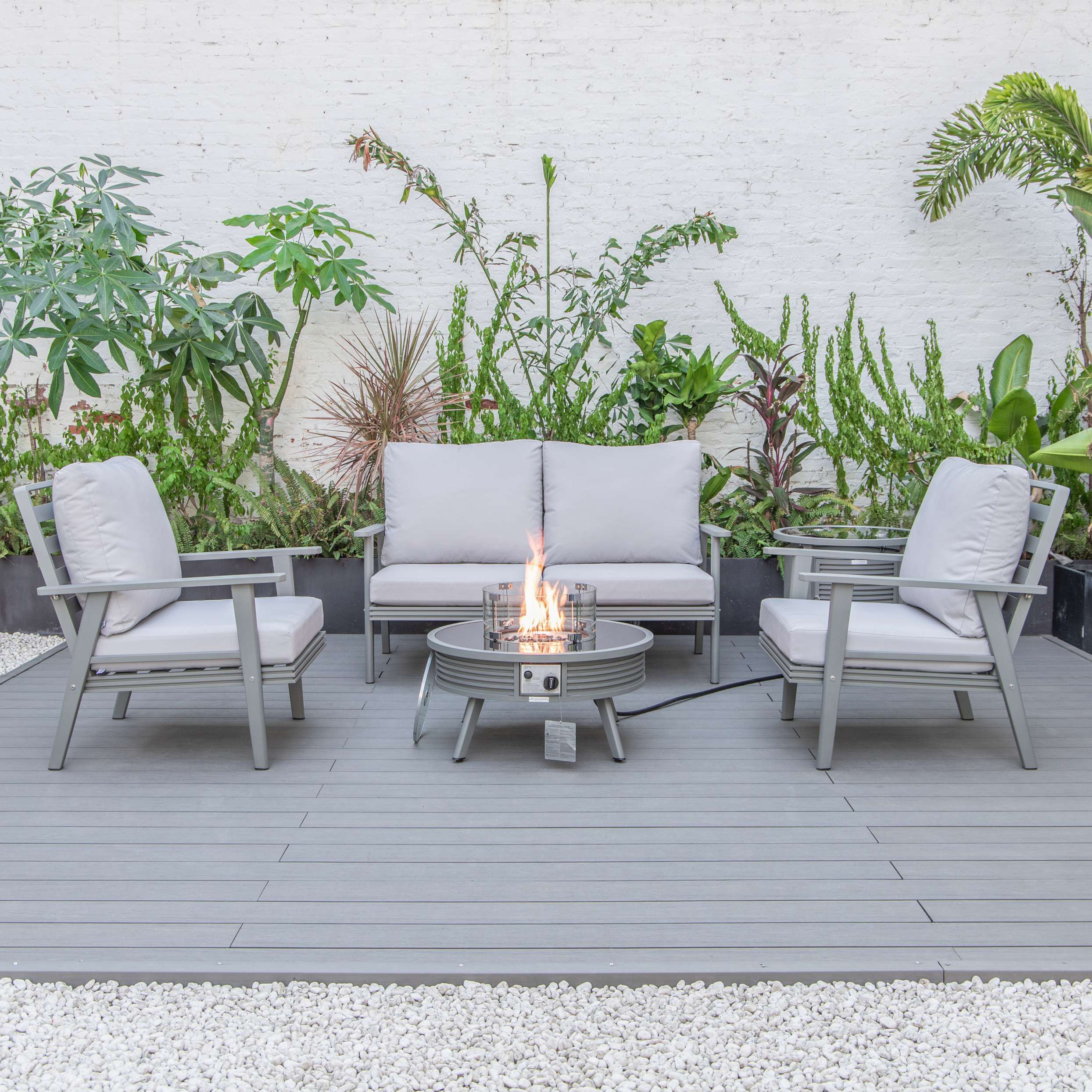 LeisureMod Walbrooke Modern Grey Patio Conversation With Round Fire Pit With Slats Design & Tank Holder - Image 40