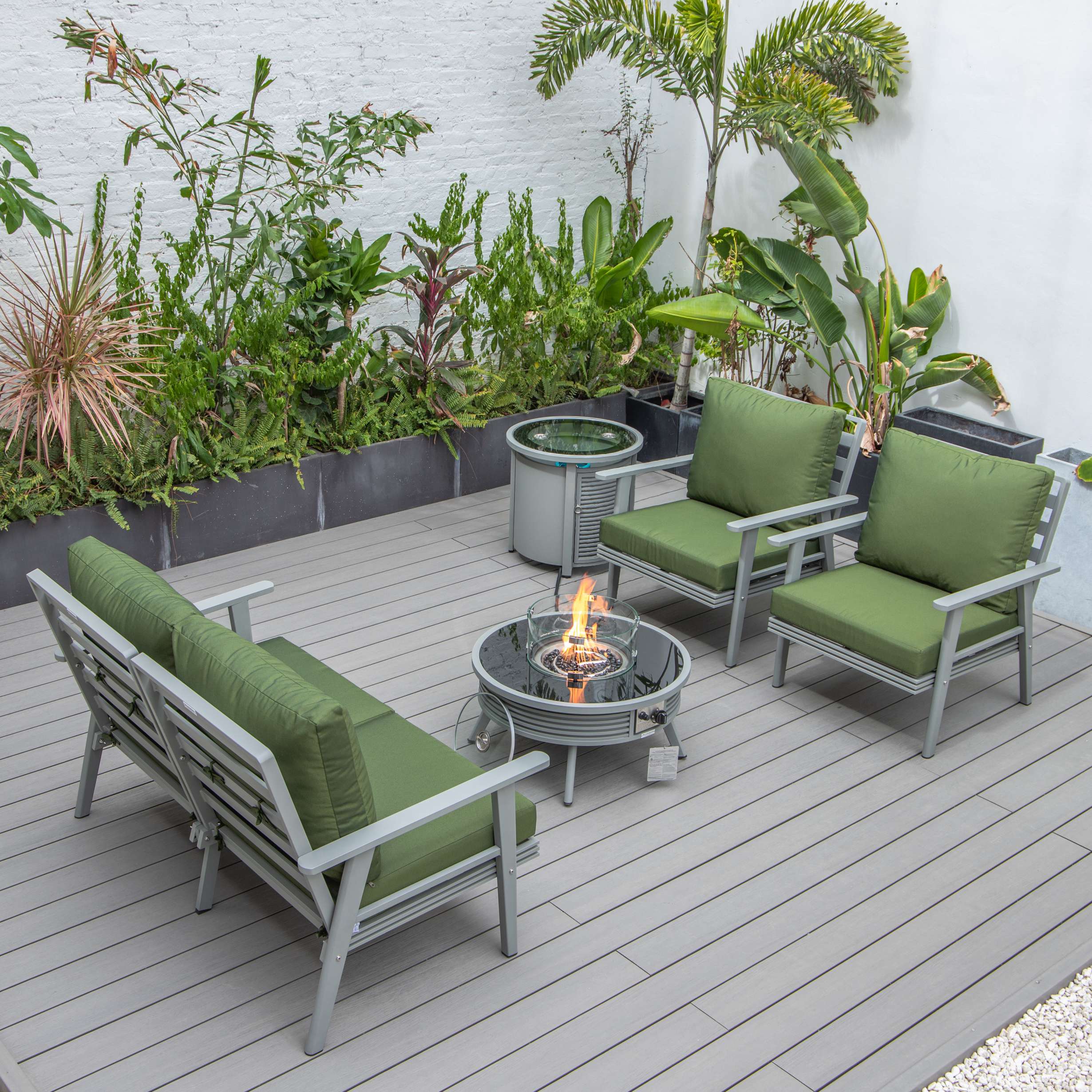 LeisureMod Walbrooke Modern Grey Patio Conversation With Round Fire Pit With Slats Design & Tank Holder - Image 41