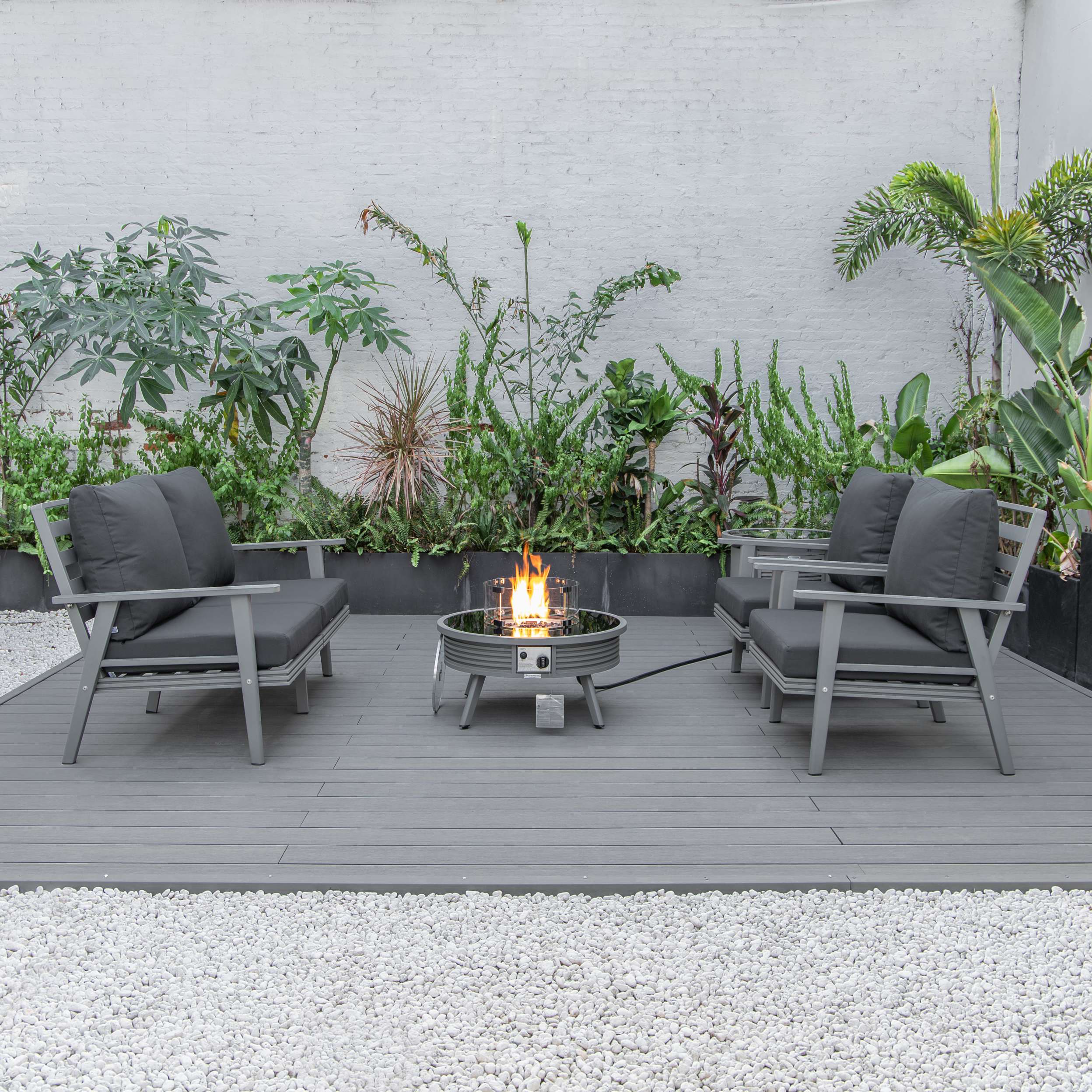 LeisureMod Walbrooke Modern Grey Patio Conversation With Round Fire Pit With Slats Design & Tank Holder - Image 6