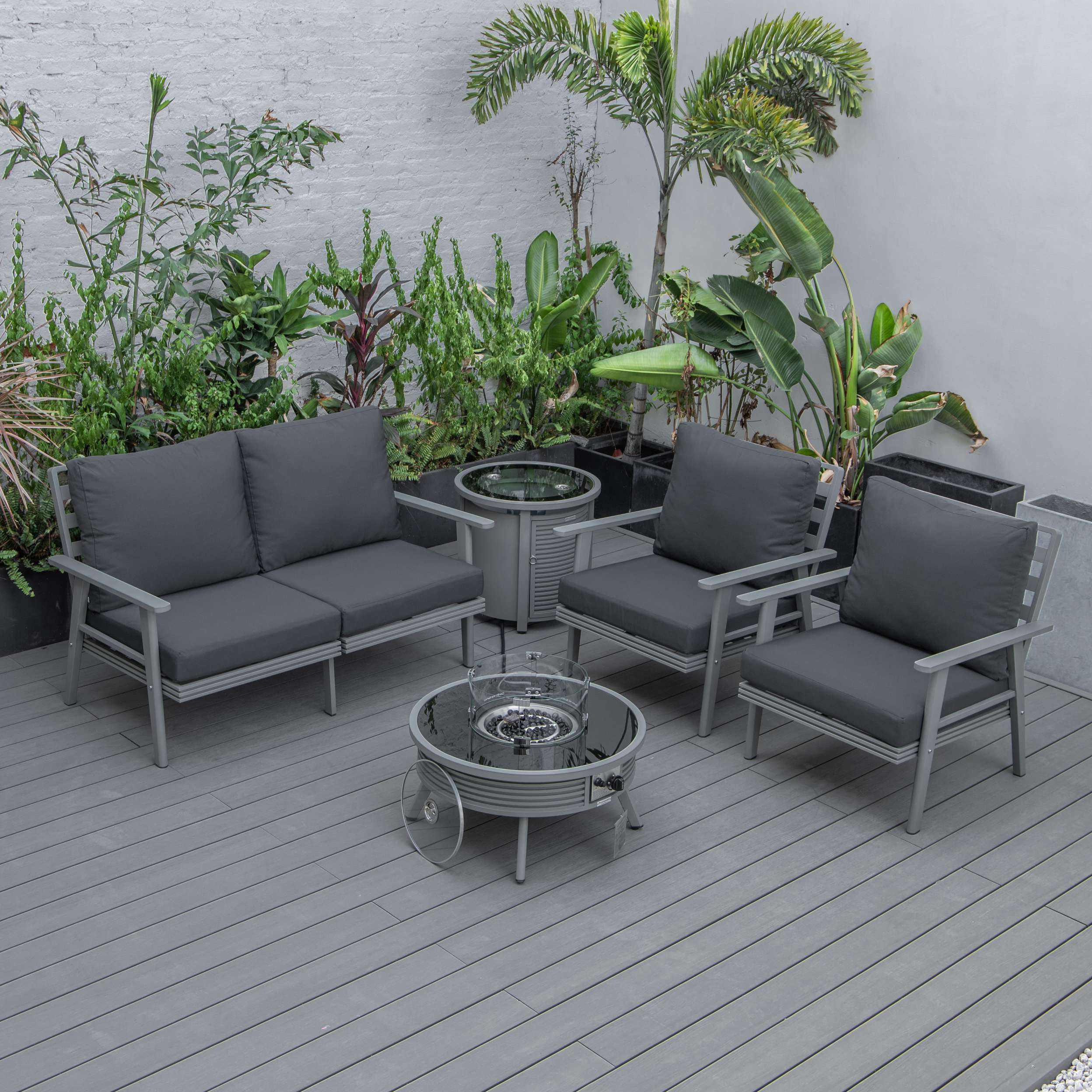 LeisureMod Walbrooke Modern Grey Patio Conversation With Round Fire Pit With Slats Design & Tank Holder - Image 8