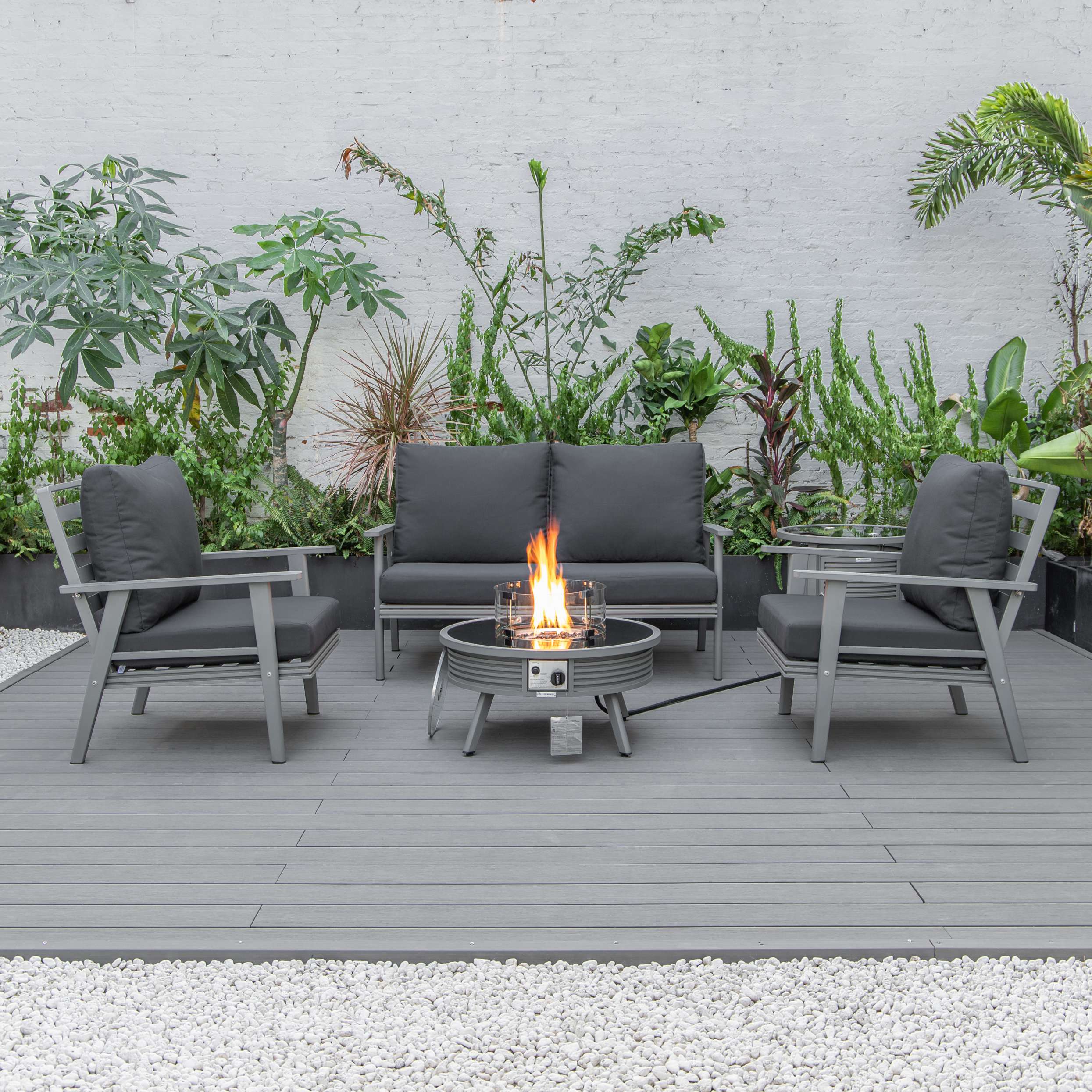 LeisureMod Walbrooke Modern Grey Patio Conversation With Round Fire Pit With Slats Design & Tank Holder - Image 9