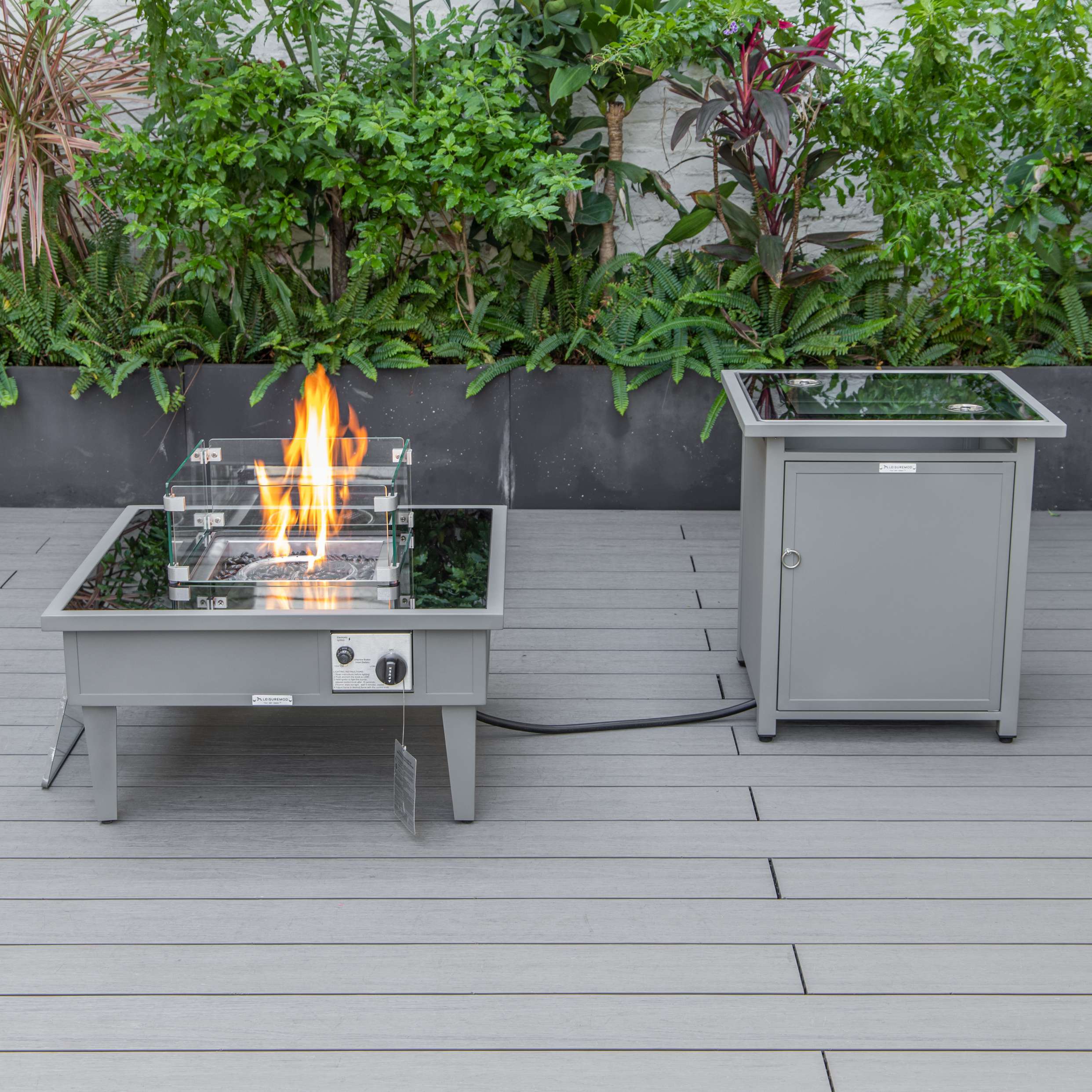 LeisureMod Walbrooke Modern Grey Patio Conversation With Square Fire Pit & Tank Holder - Image 2