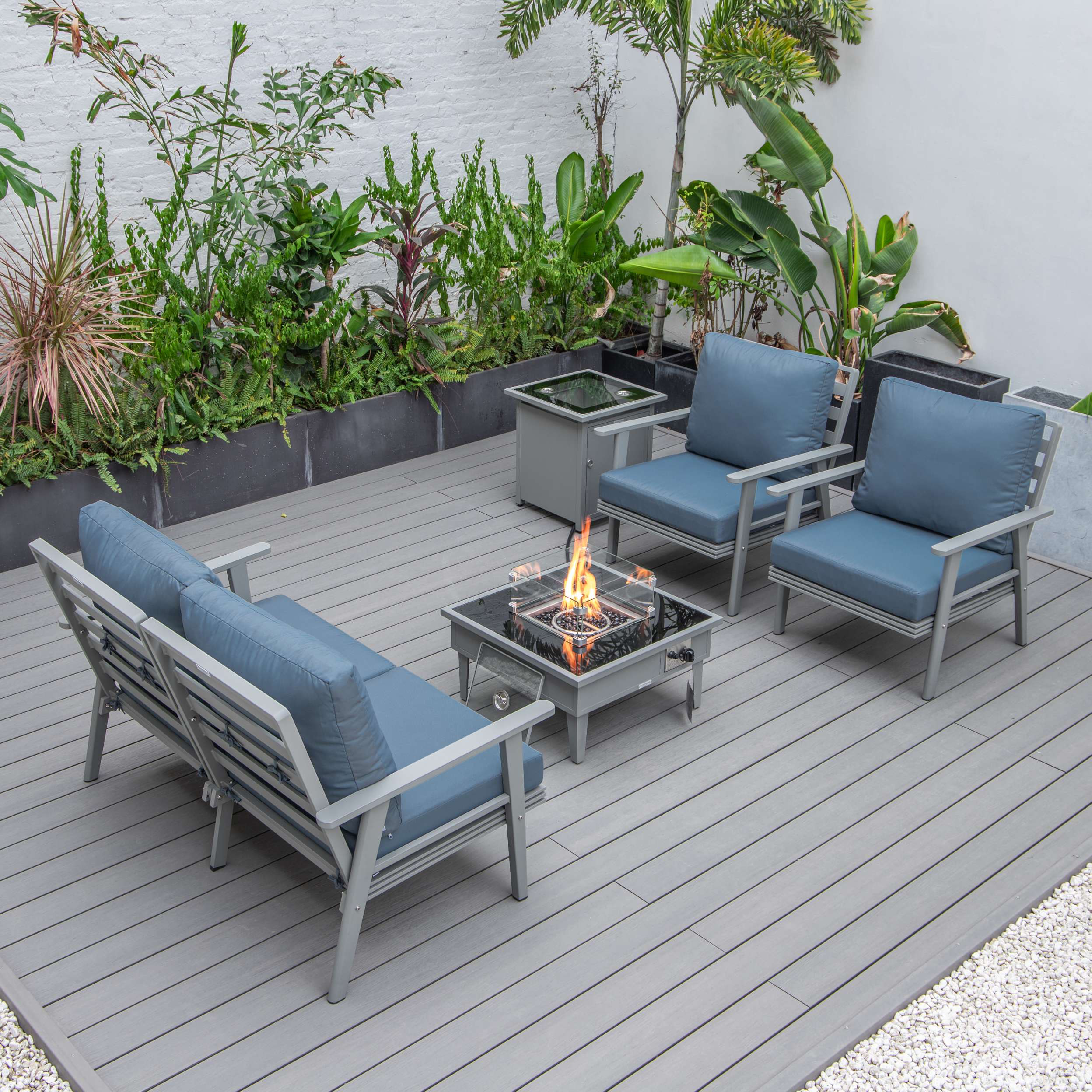 LeisureMod Walbrooke Modern Grey Patio Conversation With Square Fire Pit & Tank Holder - Image 21