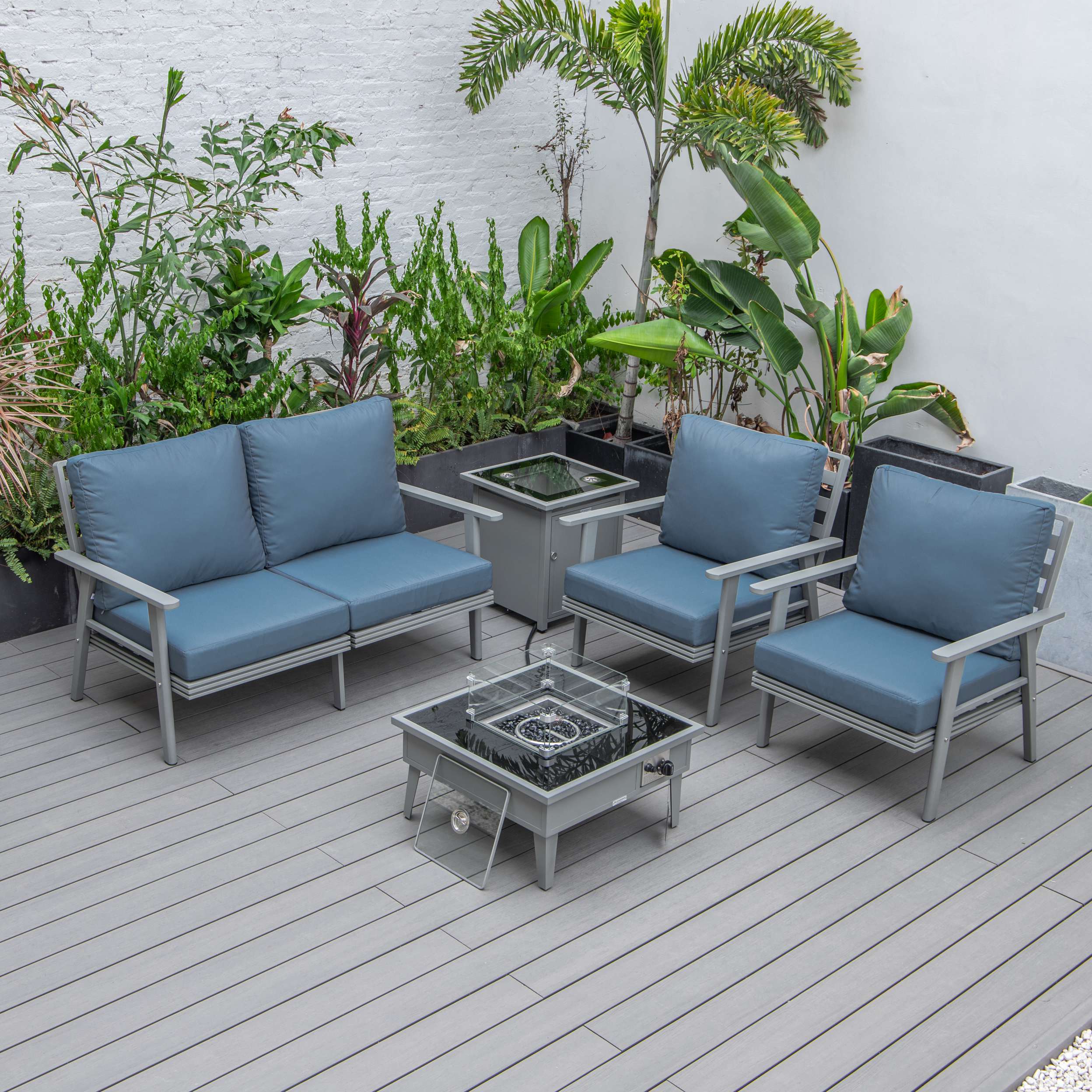 LeisureMod Walbrooke Modern Grey Patio Conversation With Square Fire Pit & Tank Holder - Image 22