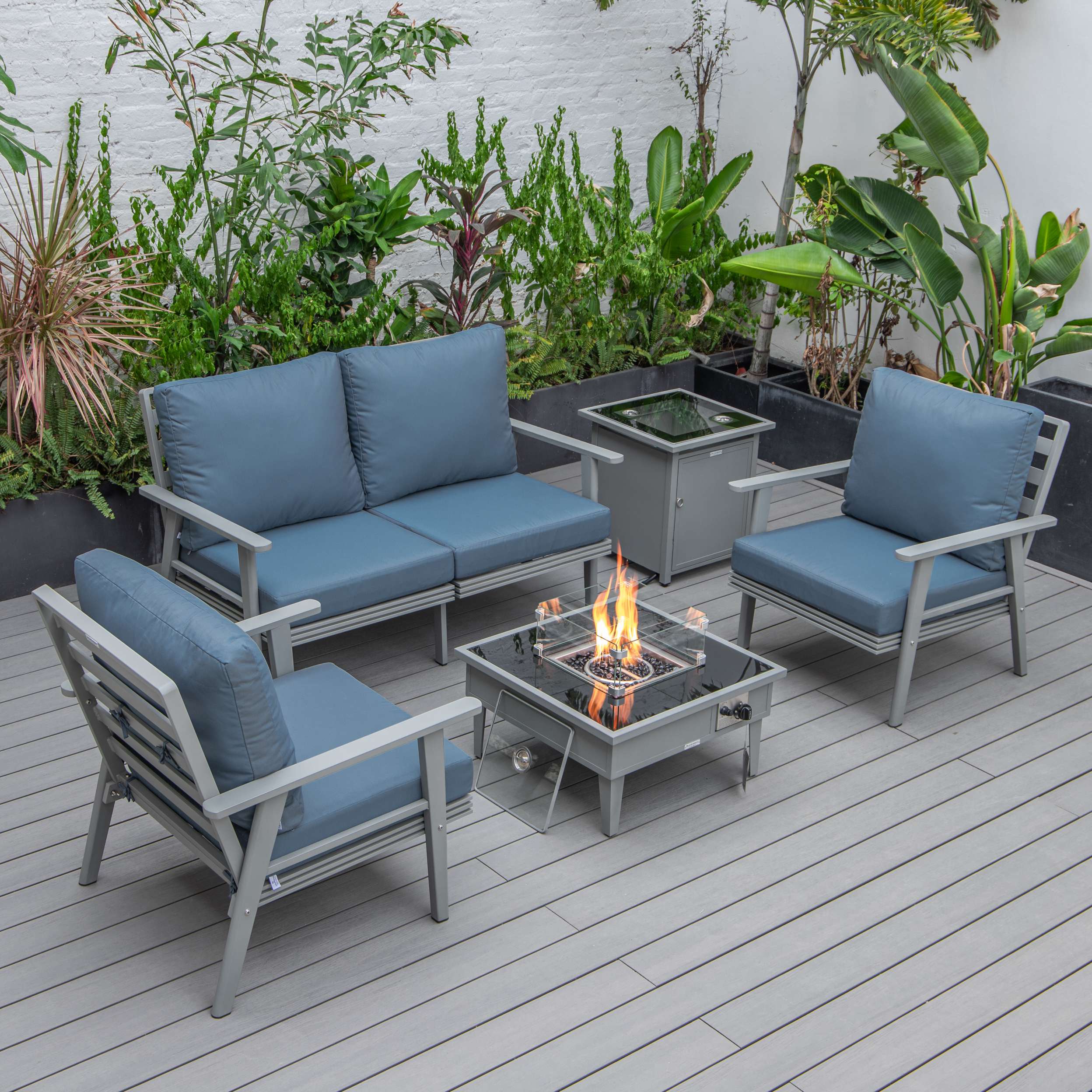 LeisureMod Walbrooke Modern Grey Patio Conversation With Square Fire Pit & Tank Holder - Image 23