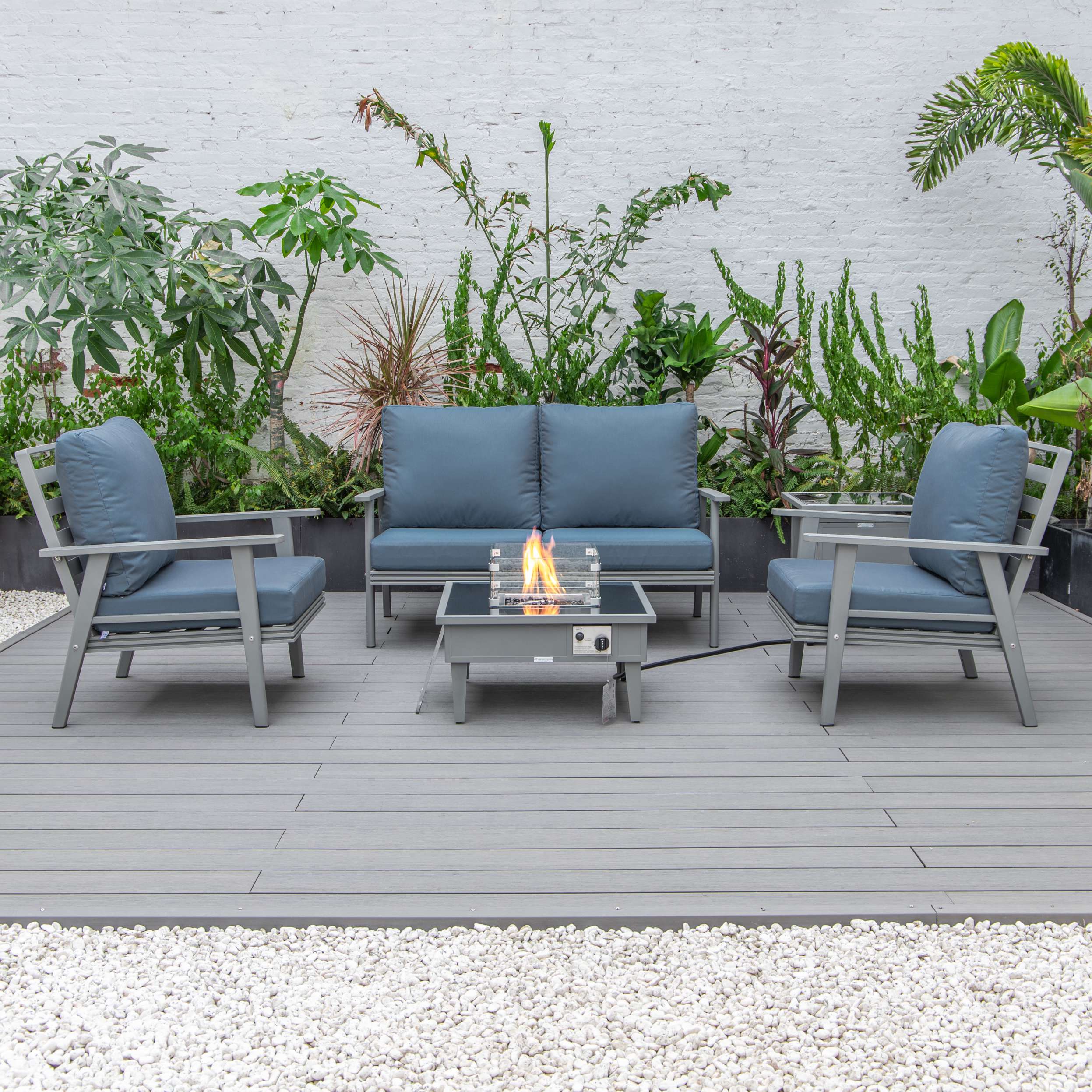 LeisureMod Walbrooke Modern Grey Patio Conversation With Square Fire Pit & Tank Holder - Image 24