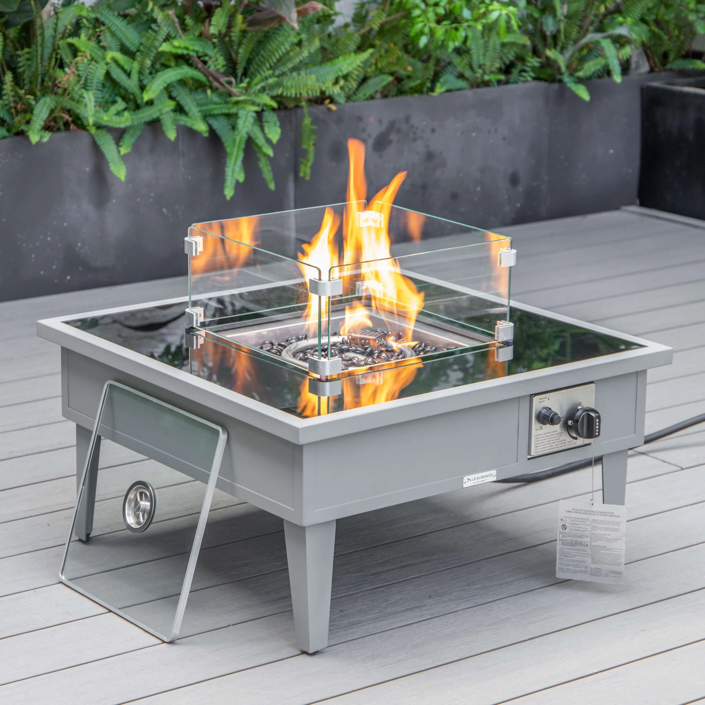 LeisureMod Walbrooke Modern Grey Patio Conversation With Square Fire Pit & Tank Holder - Image 3